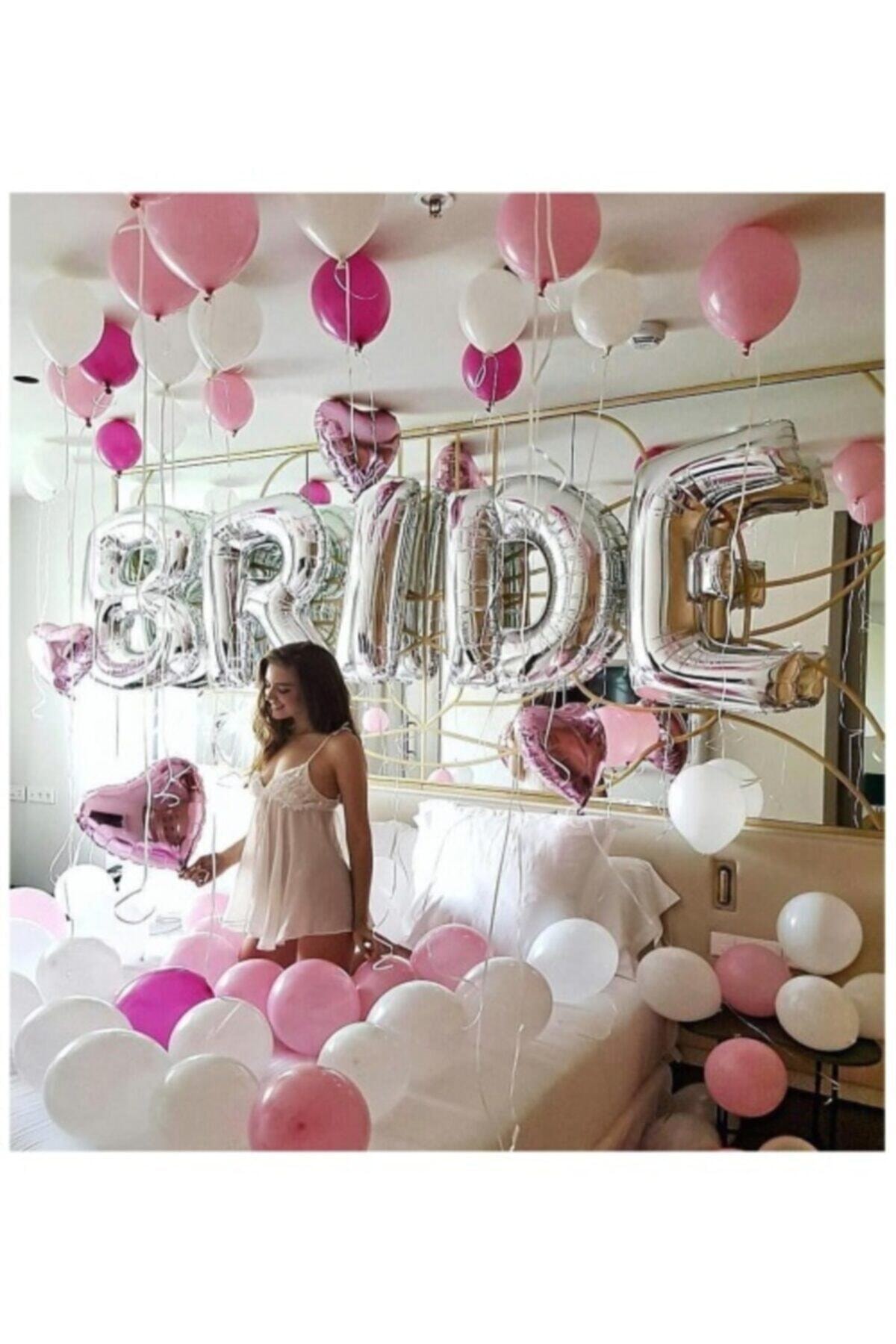 BİDOLUMUTLULUK Gümüş Renkli Bride 100 Cm Büyük Boy Folyo Balon Seti