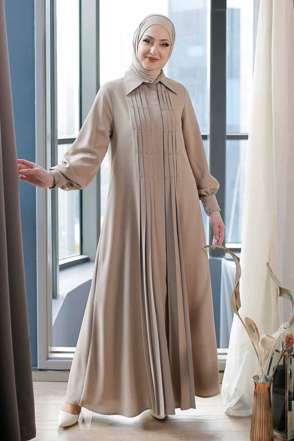 Neva Style - Pilise Detaylı Bej Tesettür Ferace 3466bej