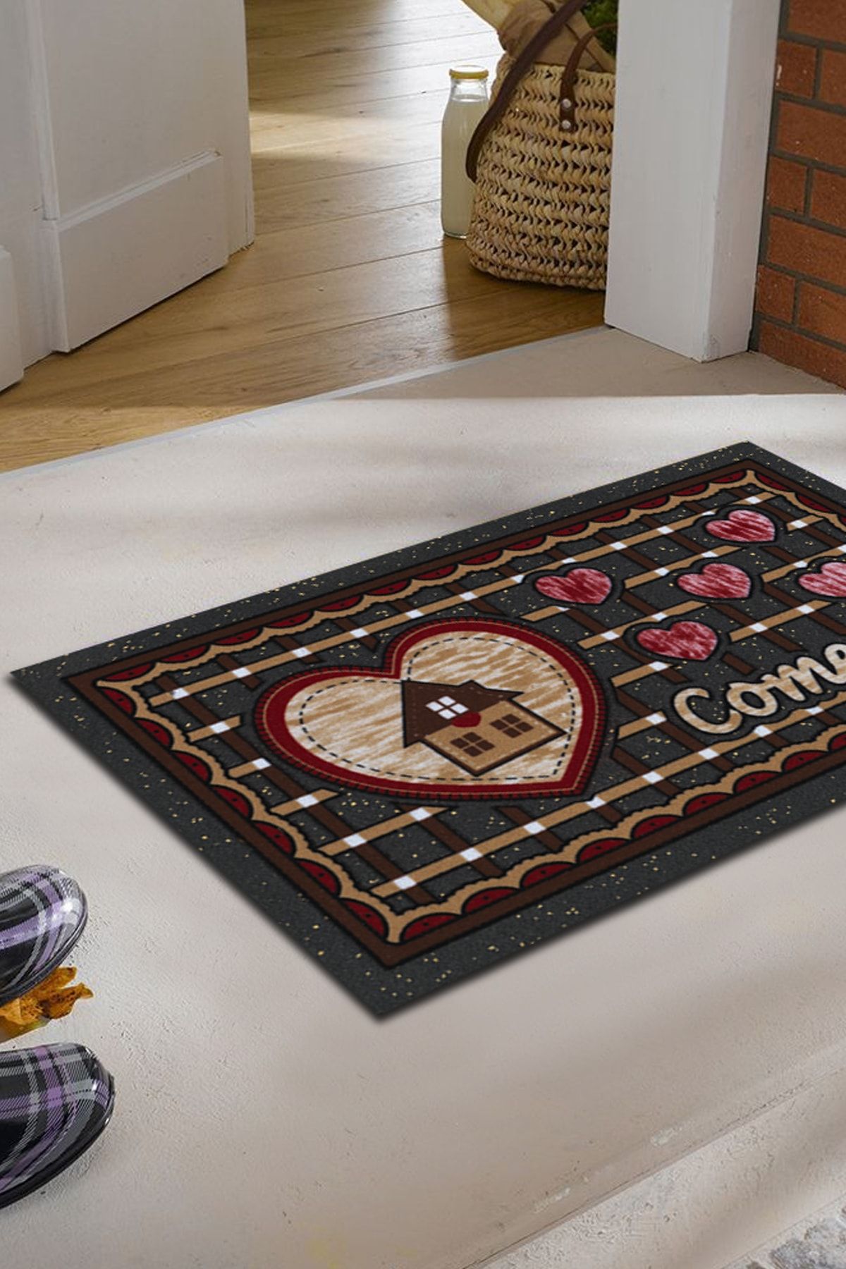 Cool Halı Italyan Format Kalp Temalı Kaymaz Taban Nem Alıcı Dış Mekan Kapı Önü Paspası 40x70 Cm