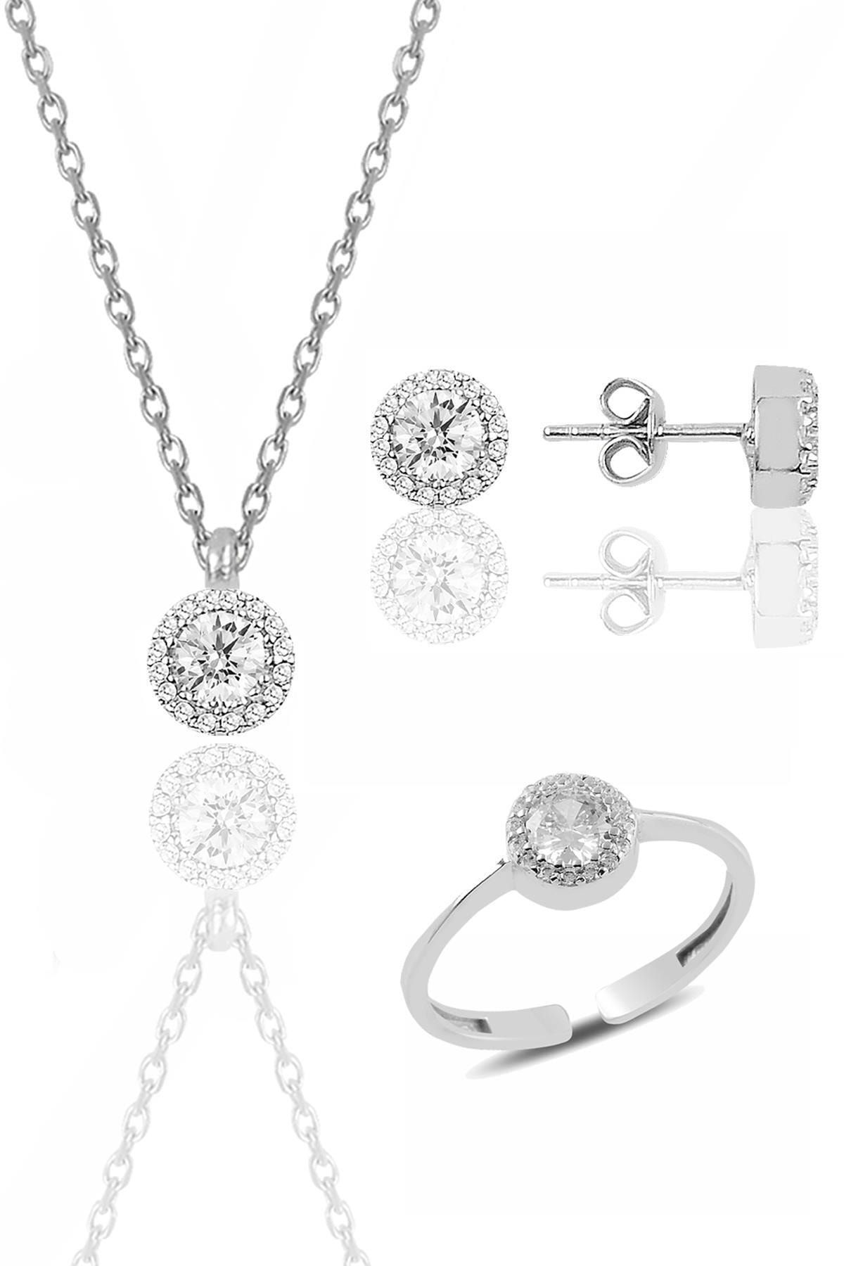 Söğütlü Silver Gümüş Rodyumlu Zirkon Taşlı Pırlanta Modeli Üçlü Set