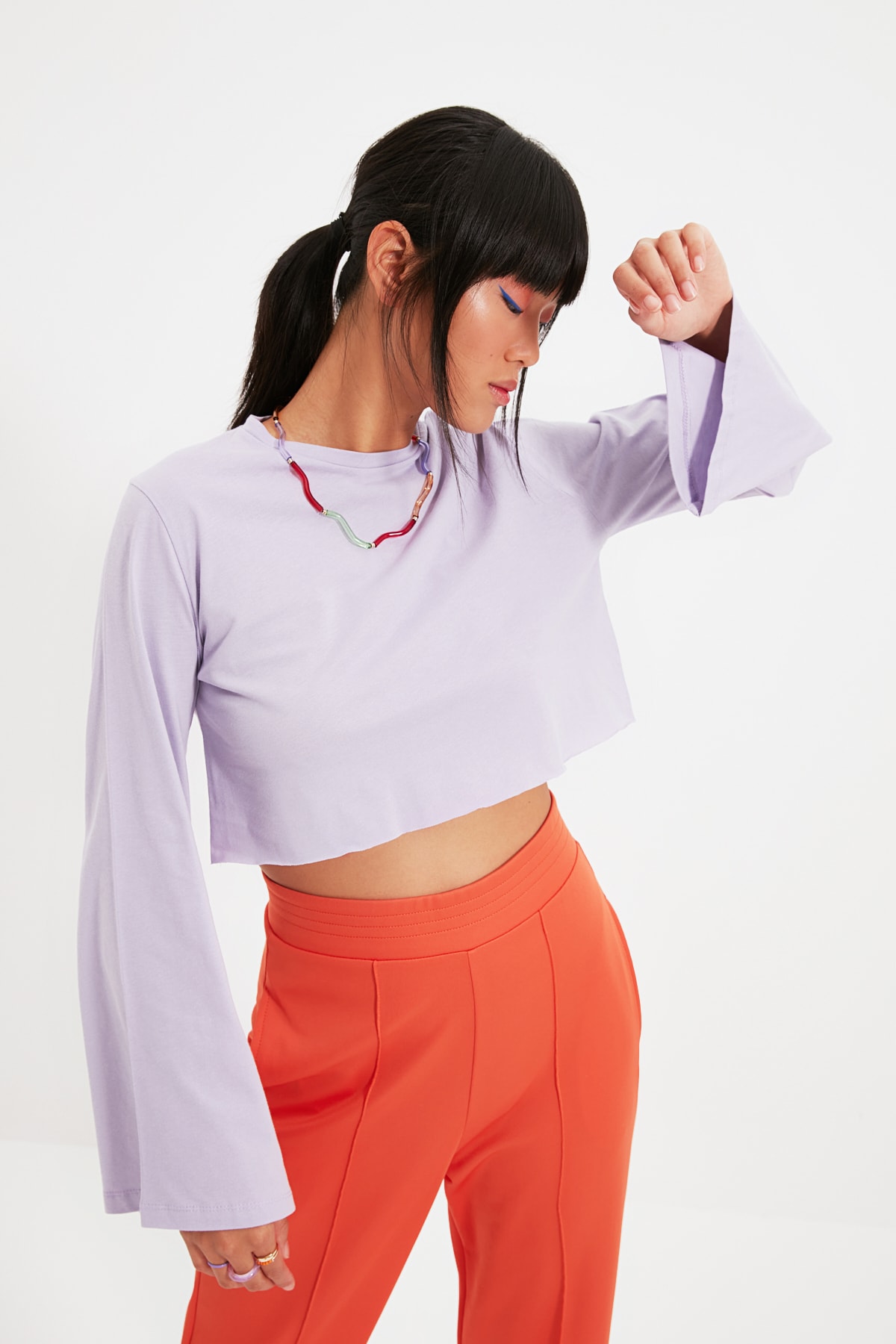 TRENDYOLMİLLA Lila Loose Crop Örme T-Shirt TWOAW22TS0042