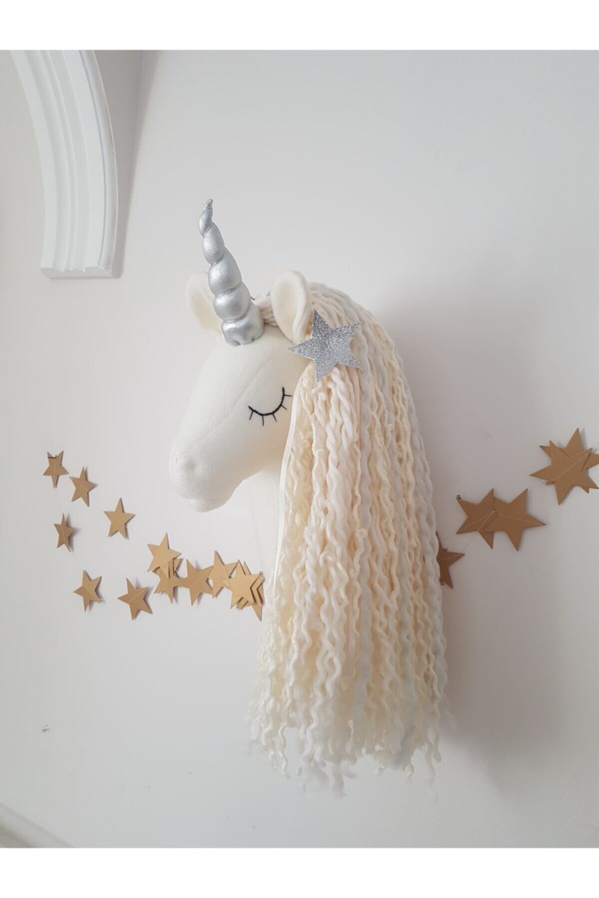 minibellababy Unicorn Büst Duvar Dekoru Gümüş Boynuzlu Krem Beyaz Gri Saç