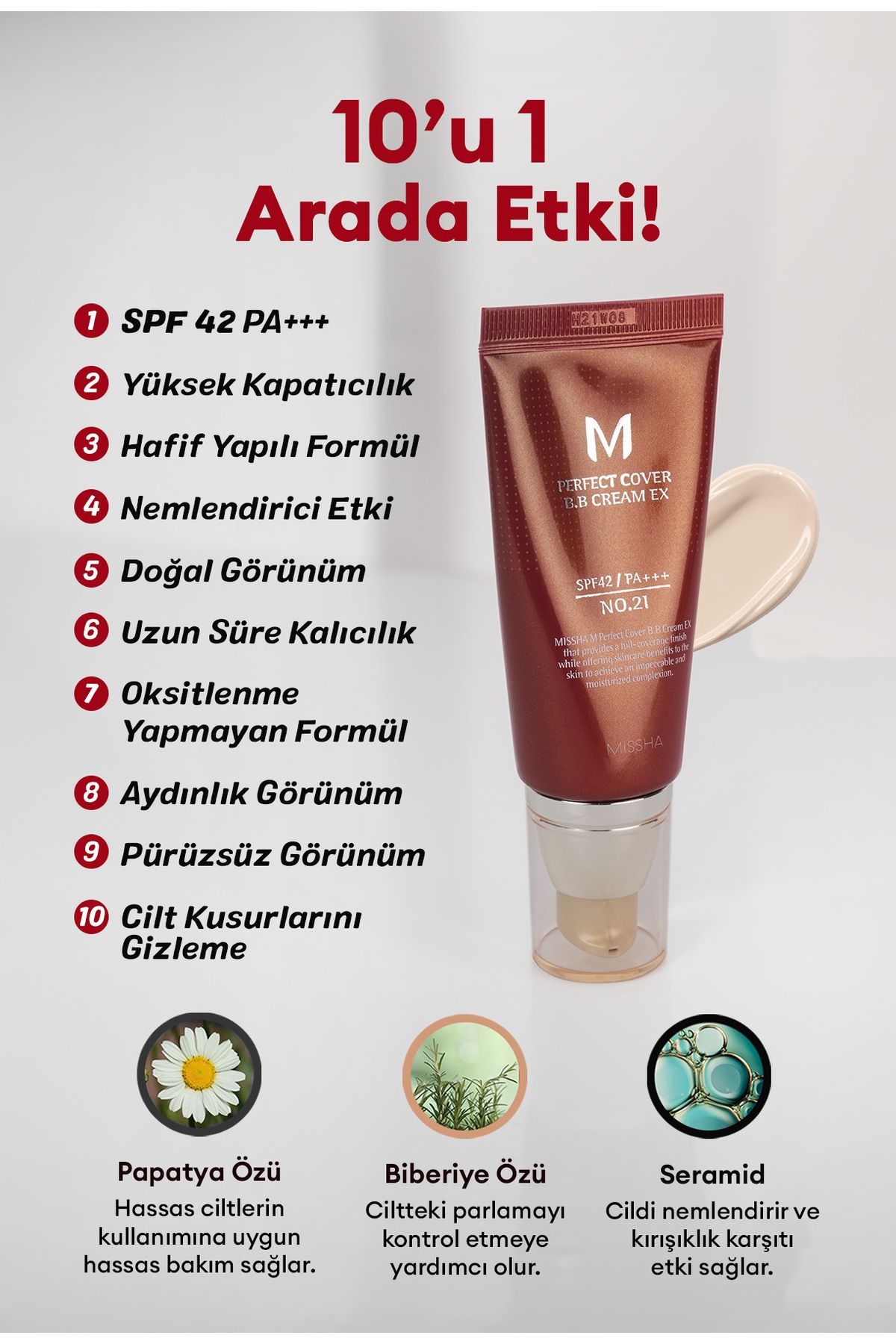 Mükemmel Kapatıcılık Sunan Çok Fonksiyonlu M Perfect Cover BB Cream Ex SPF42/PA+++ No.21 (50ml)