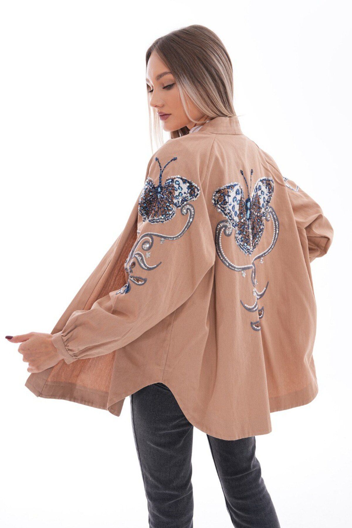 Nakışlı denim kimono