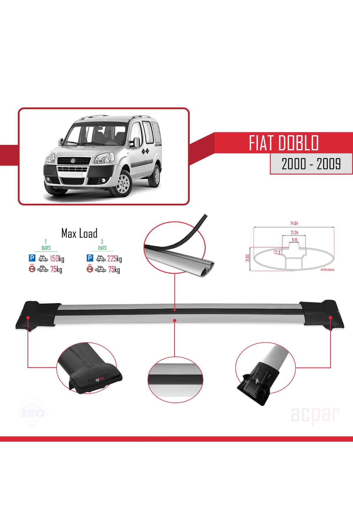 Fiat Doblo 2000-2009 Arası Ile Uyumlu Fly Model Ara Atkı Tavan Barı Gri 2 Adet