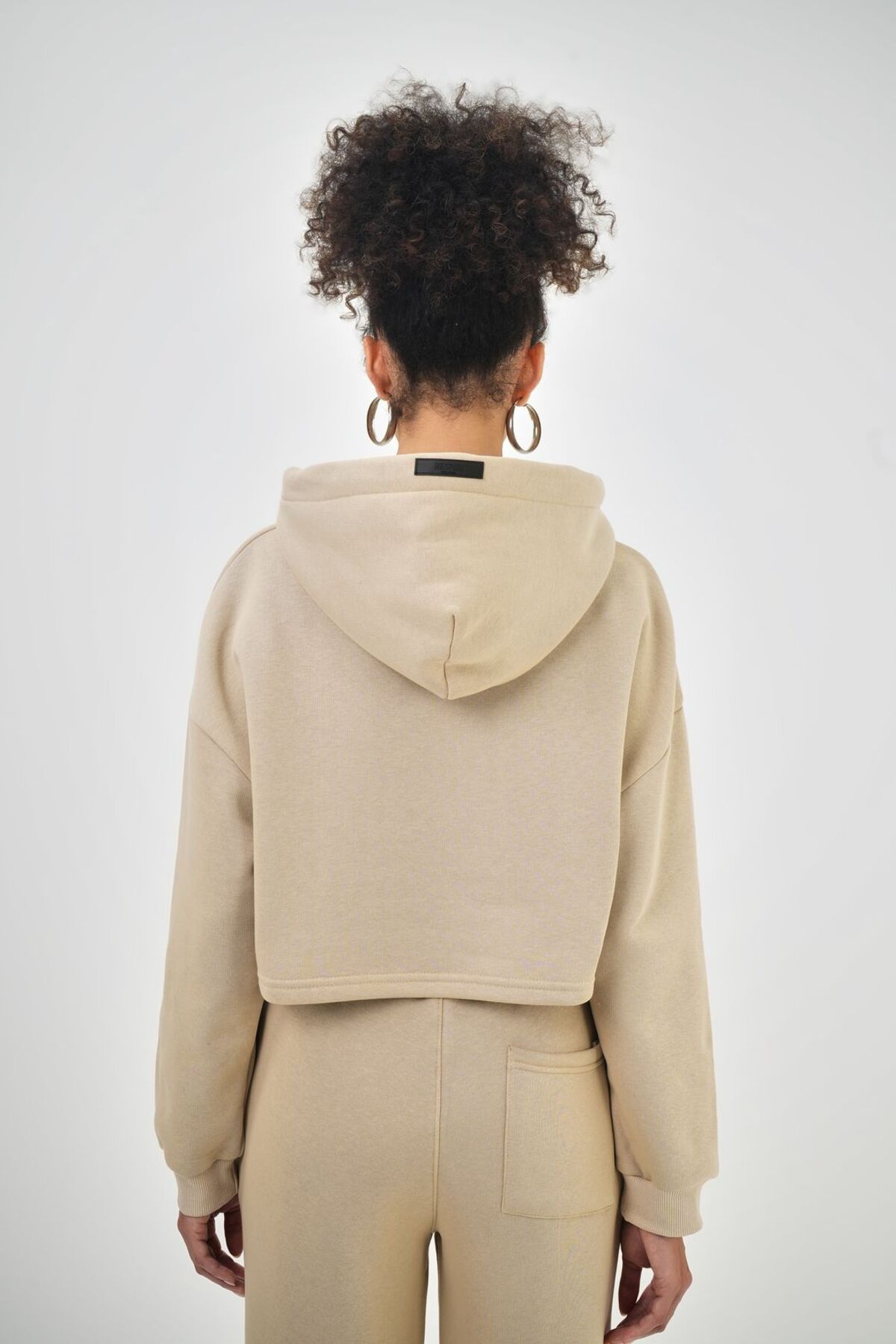 Kadın Kapüşonlu Bağcık Detaylı Oversize Basic Crop Hoodie