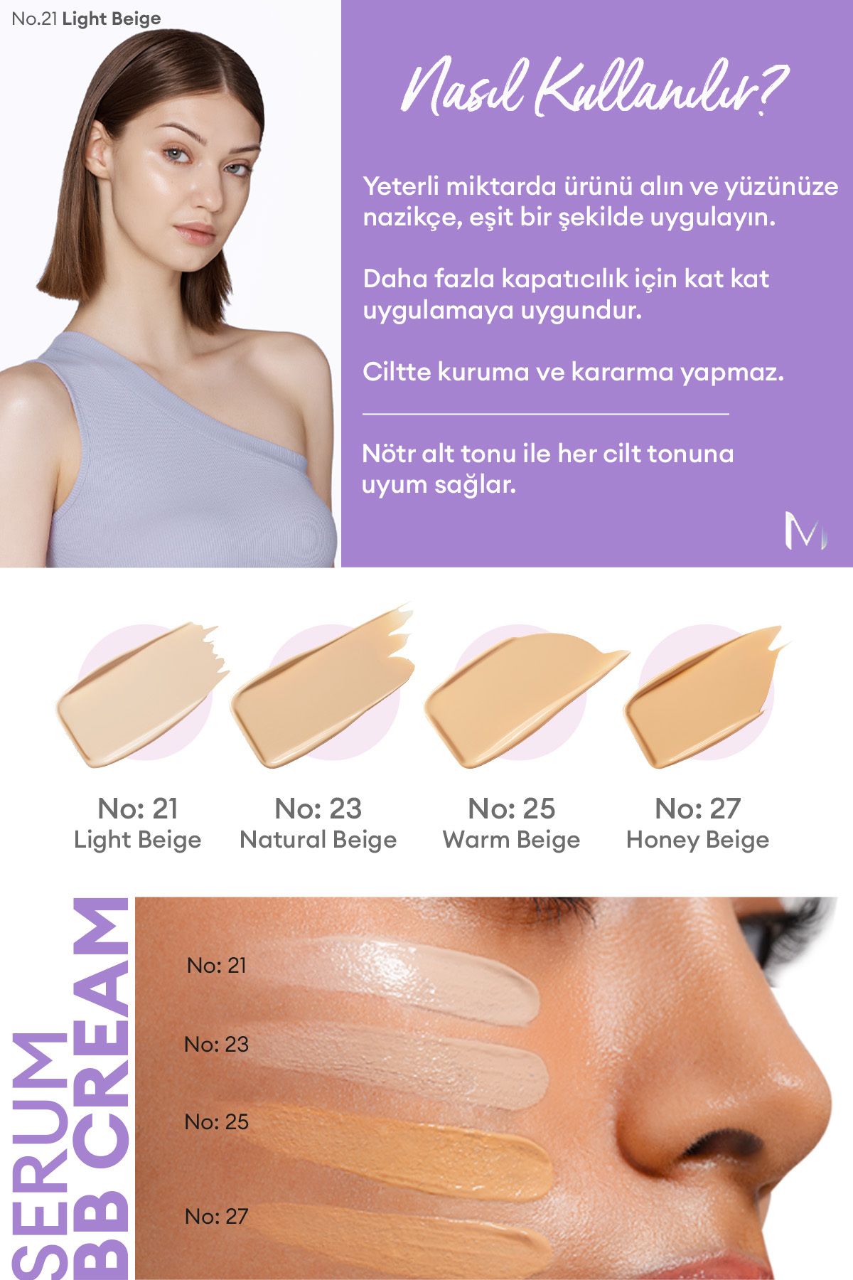 Yaşlanma Karşıtı Bakım ve Aydınlık Görünüm Sunan M Perfect Cover Serum BB Cream SPF50+/PA++++ No:21