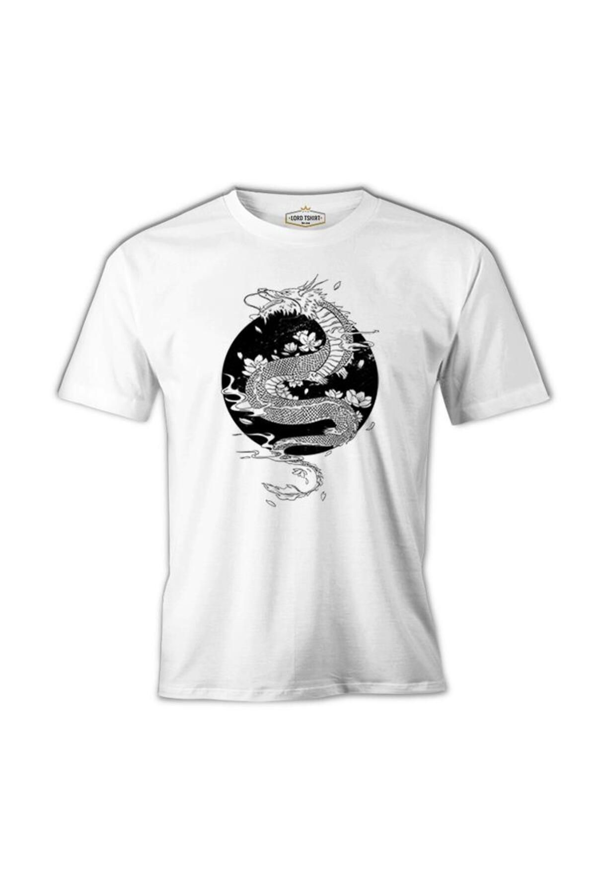 Lord T-ShirtDragon With MoonAnd Flowers Beyaz...