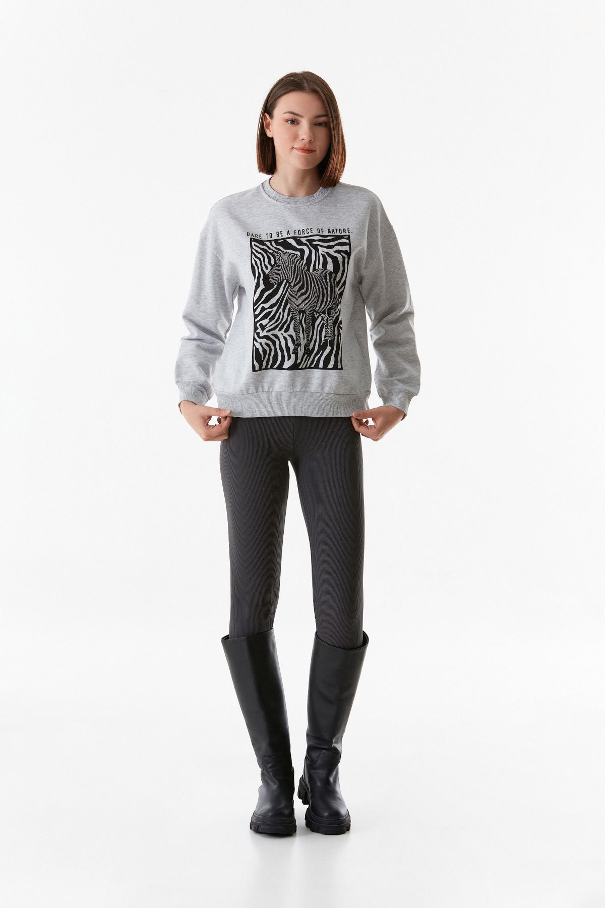 Zebra Baskılı Bisiklet Yaka Sweatshirt