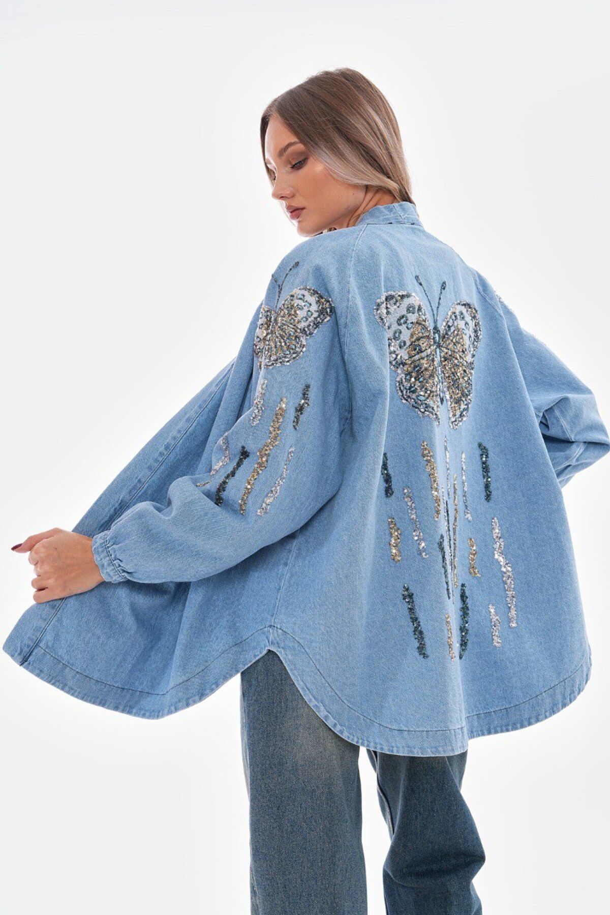 Dadali Nakışlı denim kimono