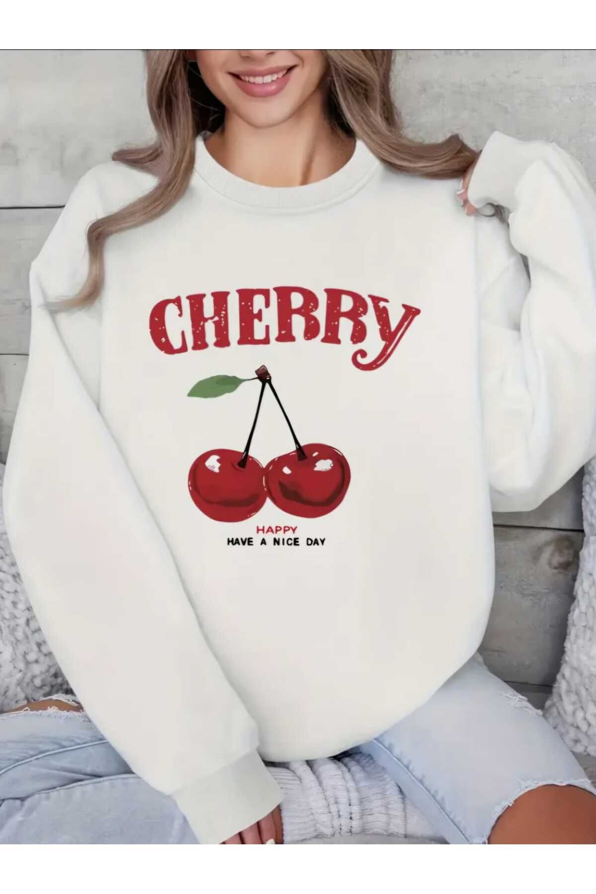 Cherry Kiraz Yazılı Baskılı Bisiklet Yaka Oversize Sweatshirt