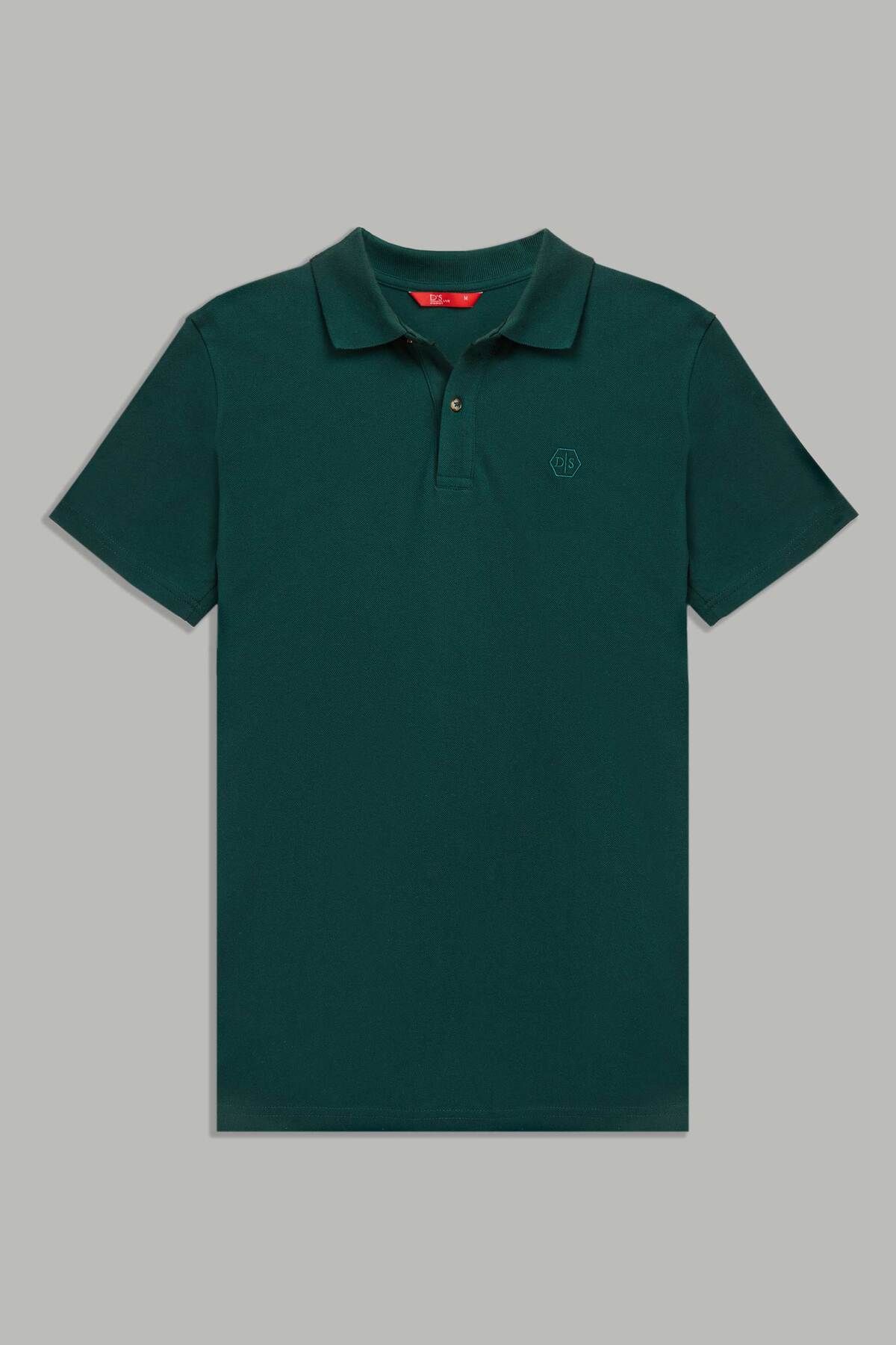 Regular Fit Haki Pike Dokulu %100 Pamuk Kıvrılmaz Polo Yaka Nakışlı T-shirt