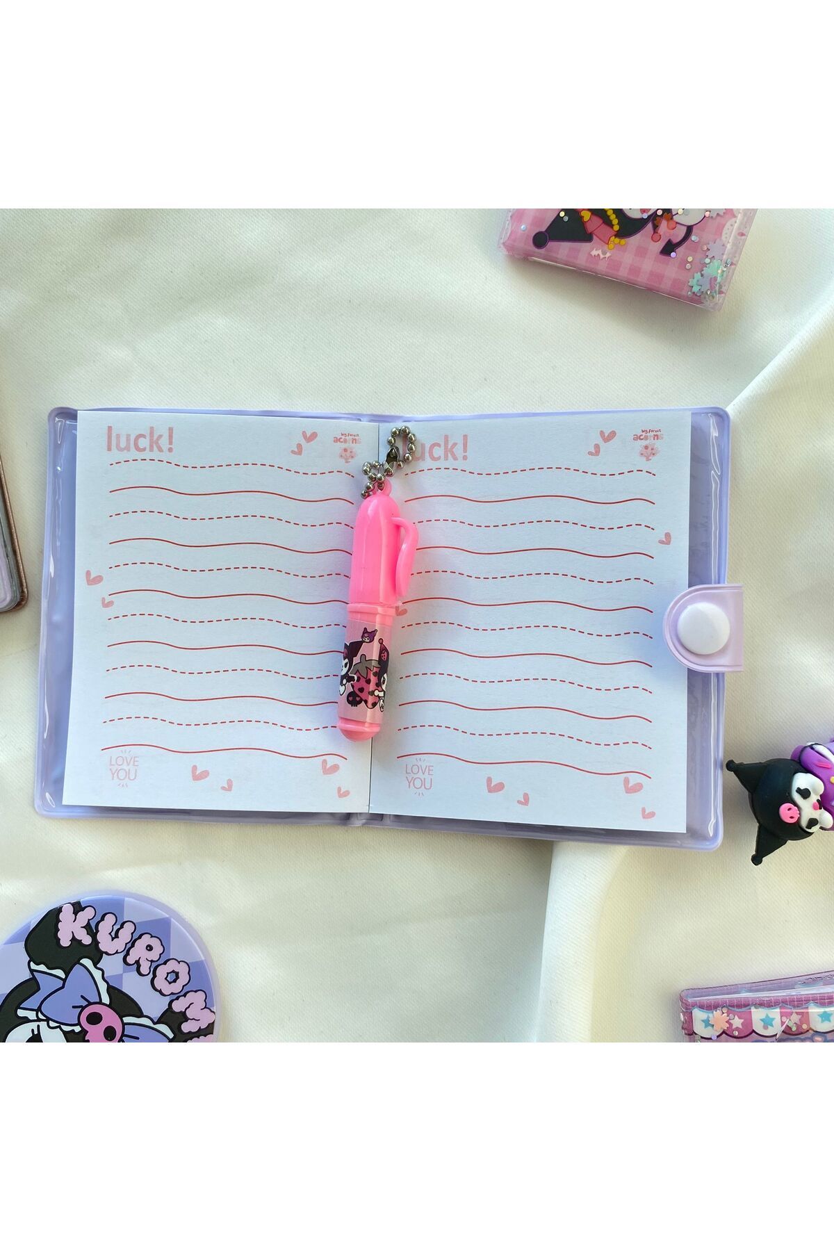 Pembe Kuromi Çizgili Mini Defter ve Kalem Seti