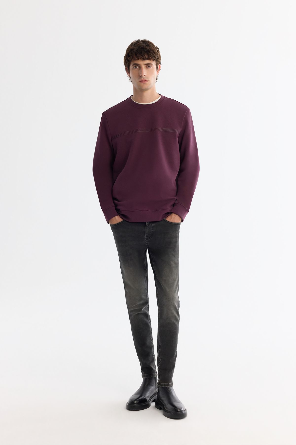 Erkek Bordo Bisiklet Yaka Pamuklu Baskılı Elastan Sweatshirt A42y1267