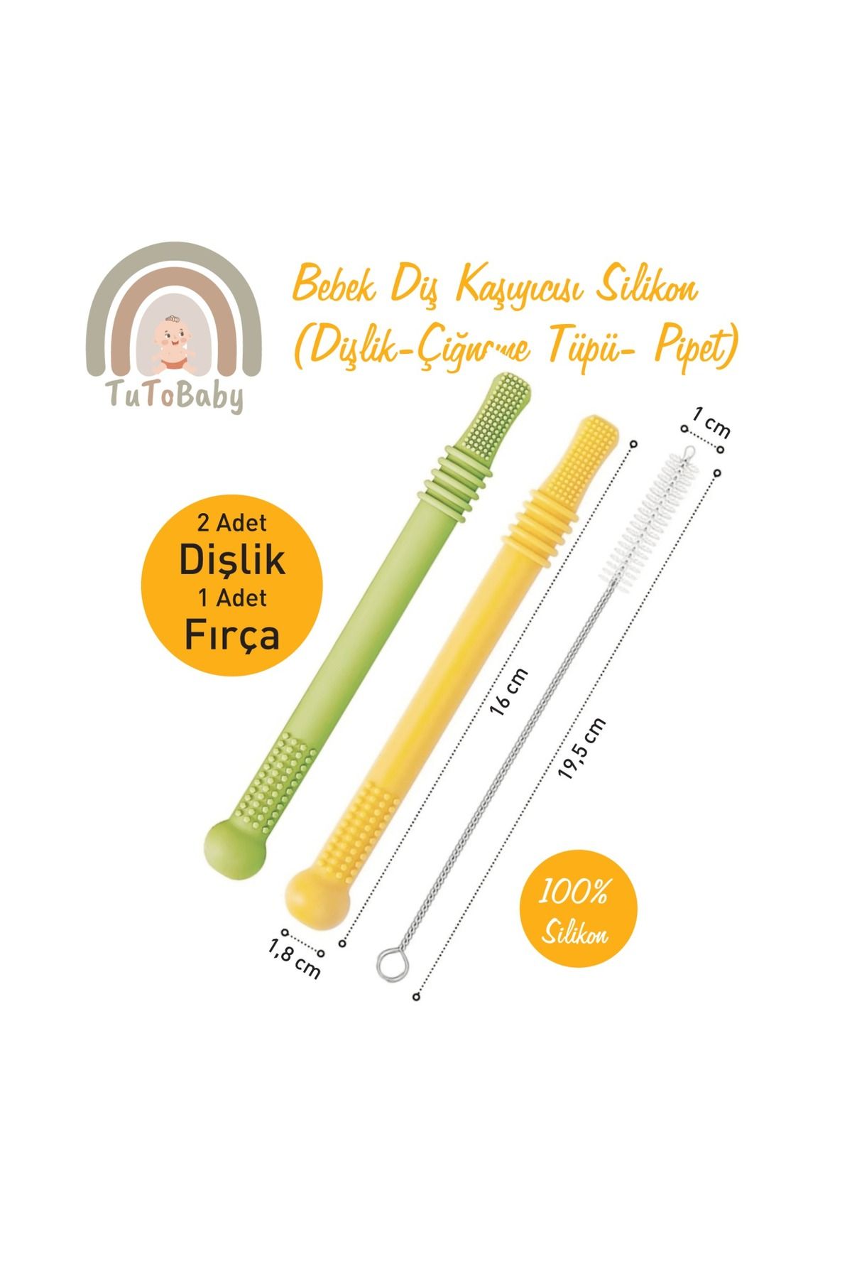 Bebek Diş Kaşıyıcısı Silikon  (Dişlik-Çiğneme Tüpü- Pipet) 2 Adet Dişlik 1 Adet Fırça