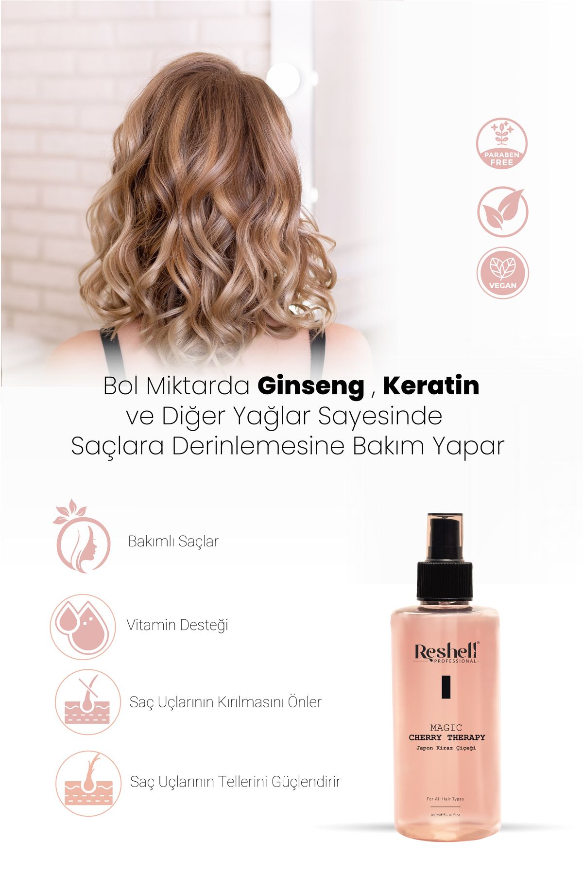 Japon Kiraz Çiçeği Ginseng İçerikli Canlılık ve Hacim Veren Keratin Saç Bakım Spreyi 200 ML