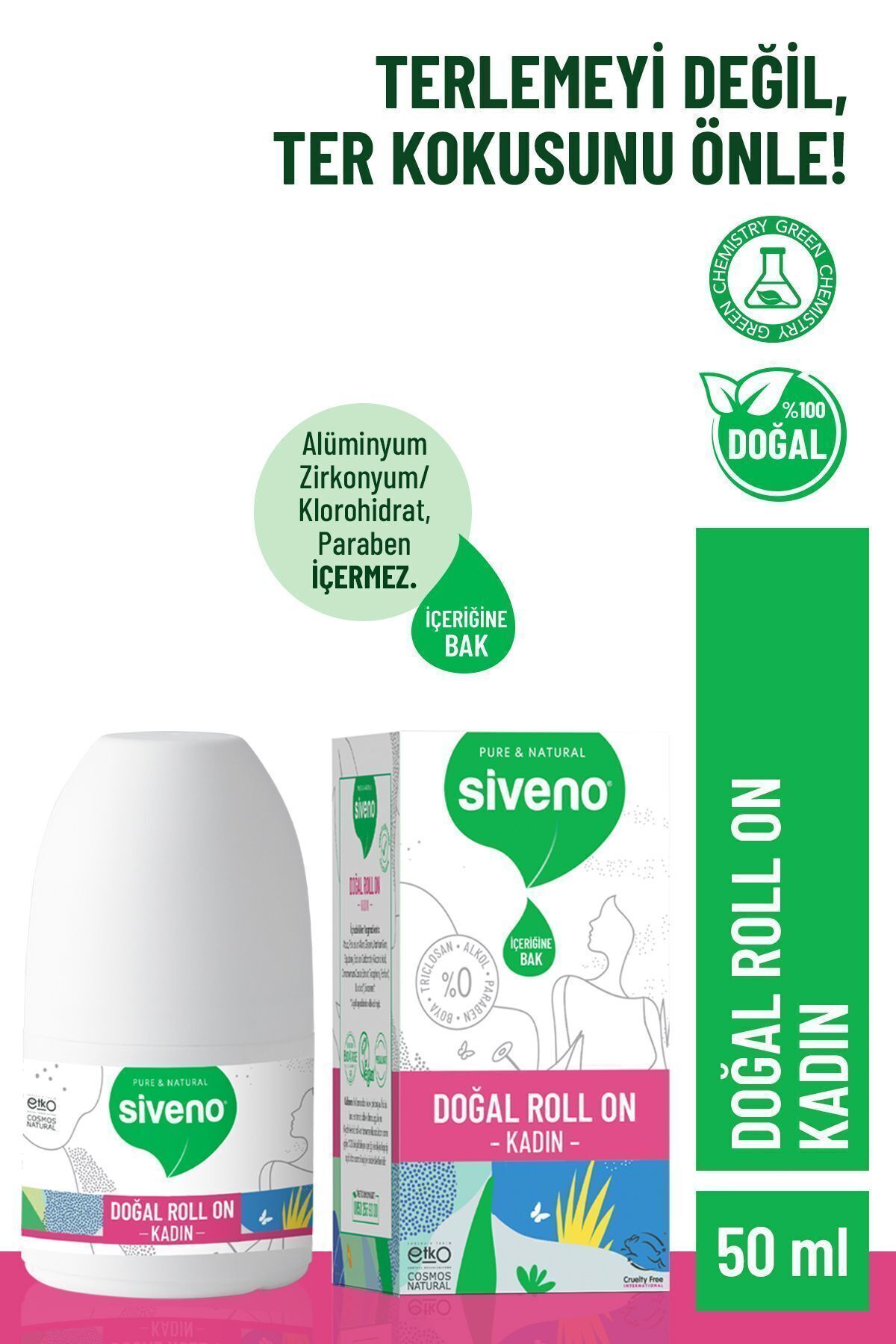 %100 Doğal Roll-On Kadın Deodorant Ter Kokusu Önleyici Bitkisel Leke Bırakmayan Vegan 50 ml X 2 Adet