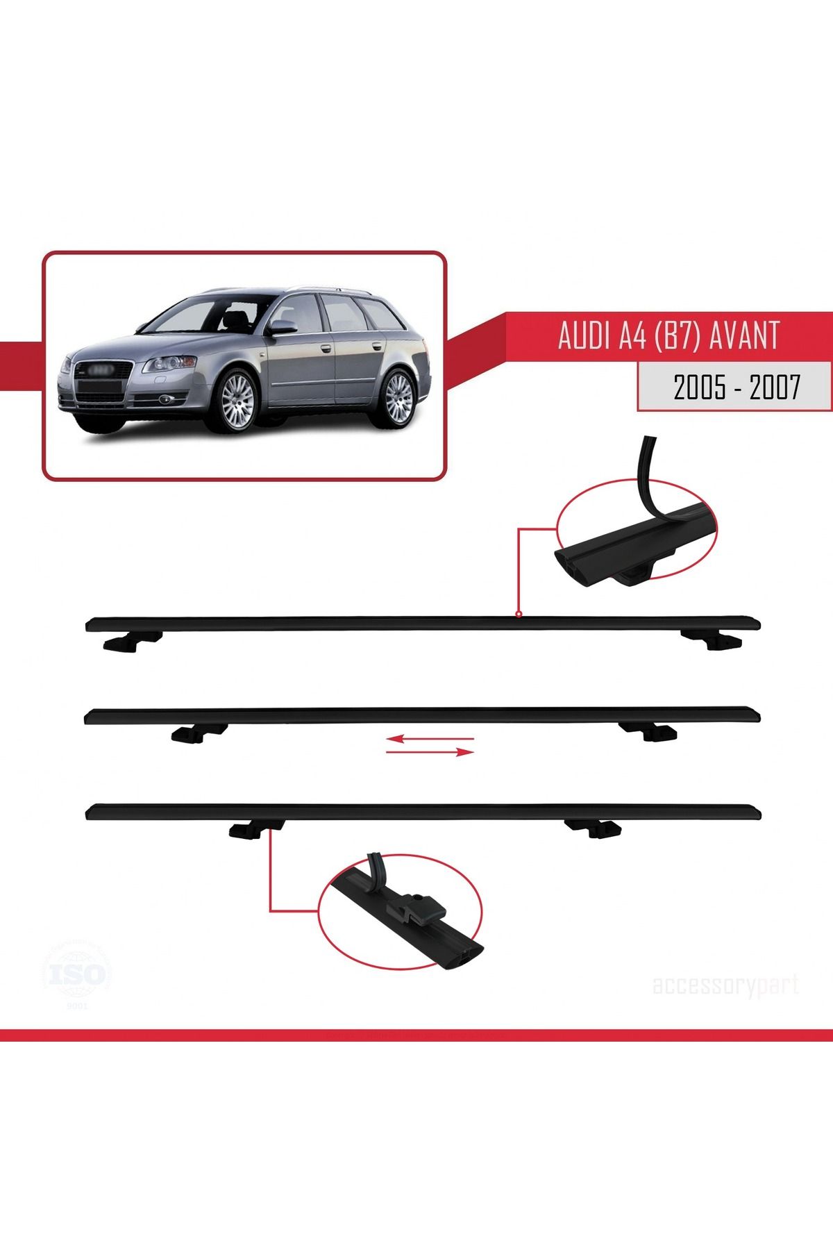 A4 (B7) Avant 2005-2007 Arası Ile Uyumlu Basıc Model Universal Ara Atkı Tavan Barı Siyah 2 Adet