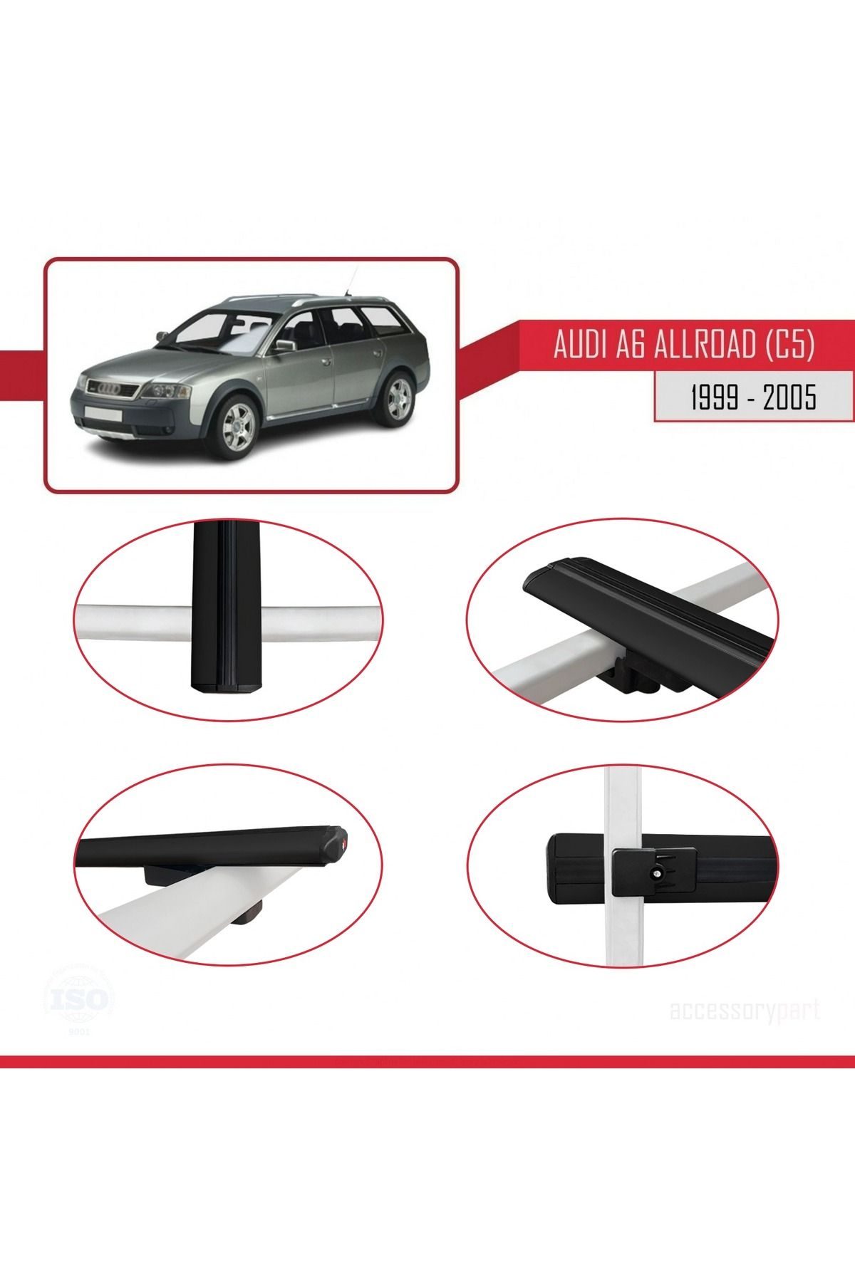 A6 (C5) Allroad 1999-2005 Arası Ile Uyumlu Basıc Model Universal Ara Atkı Tavan Barı Siyah 2 Adet