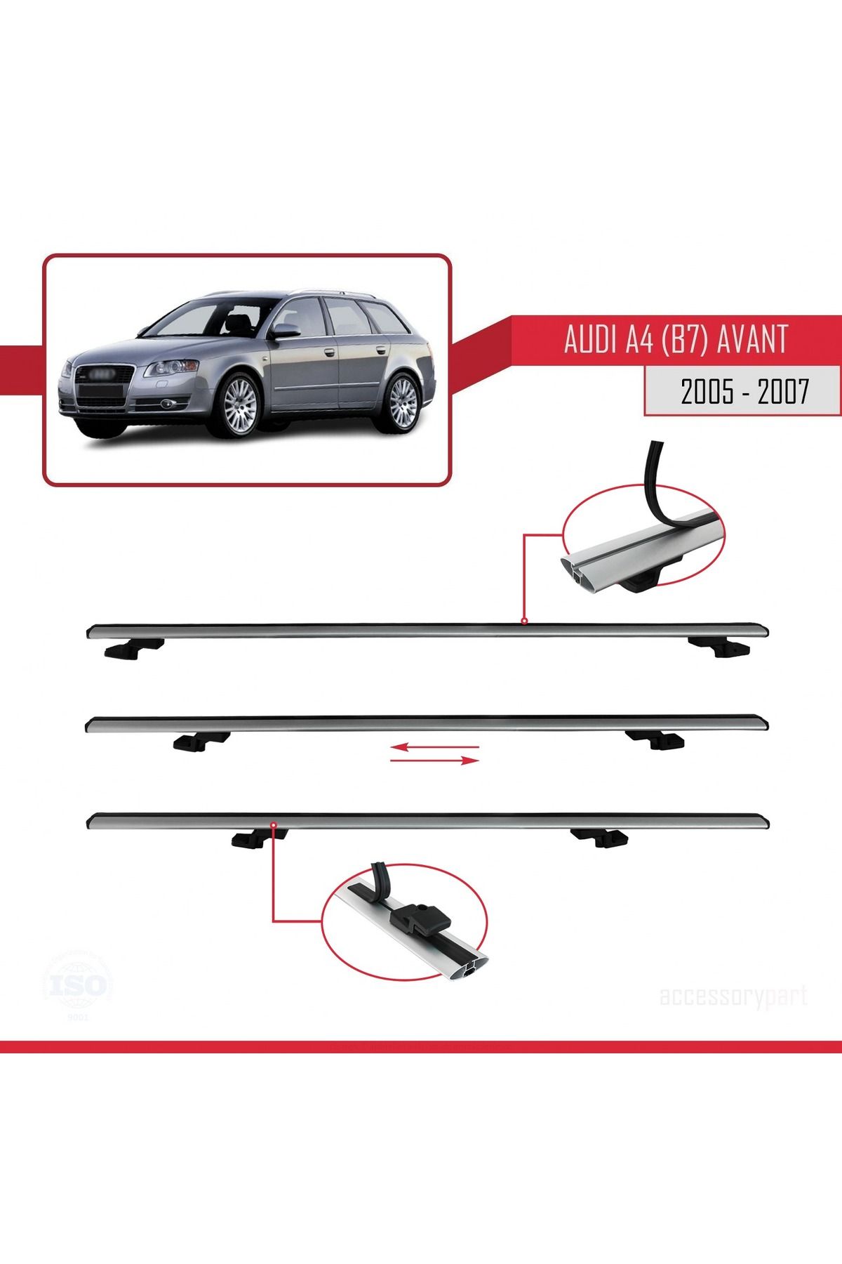 A4 (B7) Avant 2005-2007 Arası Ile Uyumlu Basıc Model Universal Ara Atkı Tavan Barı Gri 2 Adet