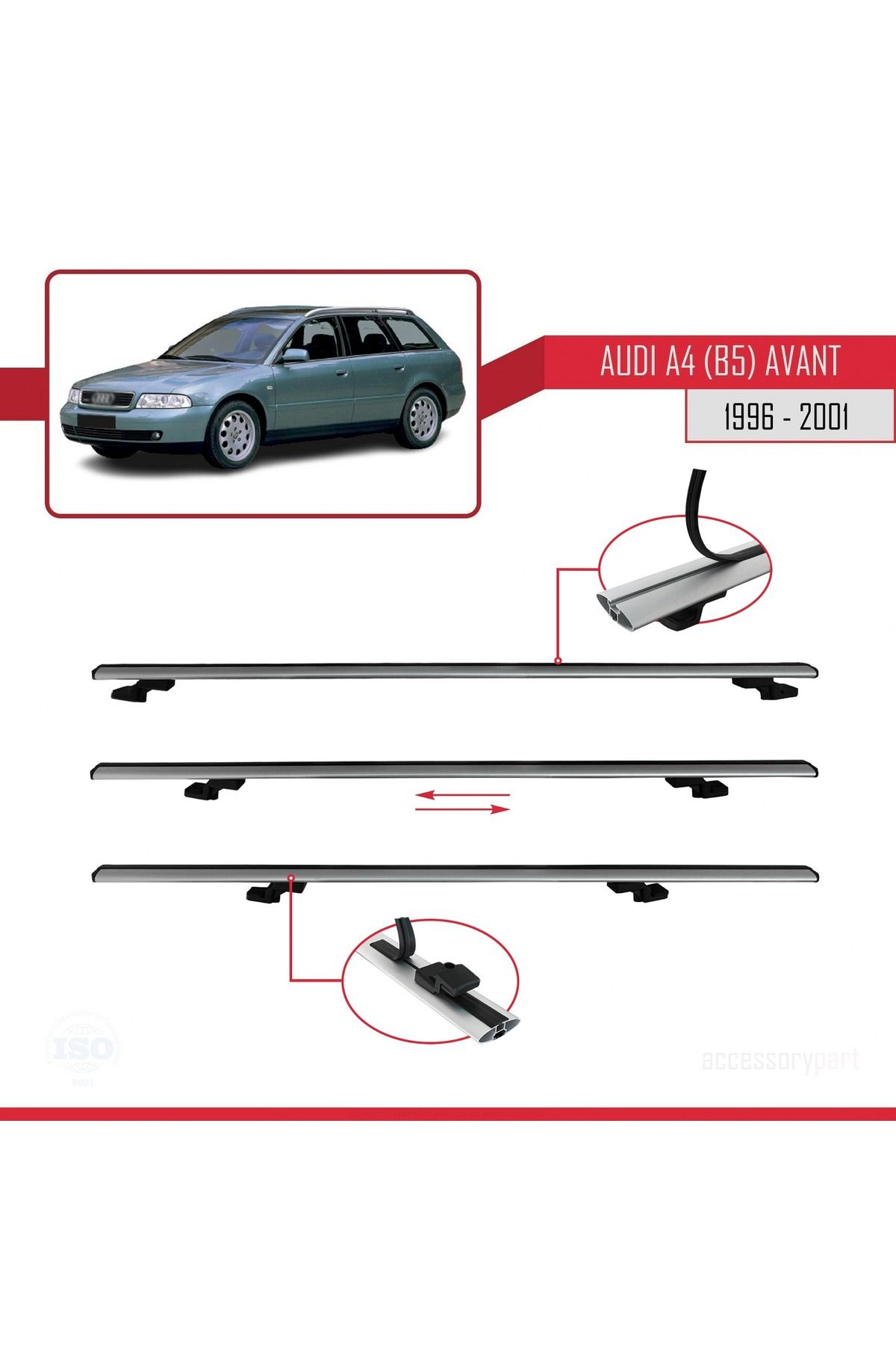 A4 (B5) Avant 1996-2001 Arası Ile Uyumlu Basıc Model Universal Ara Atkı Tavan Barı Gri 2 Adet