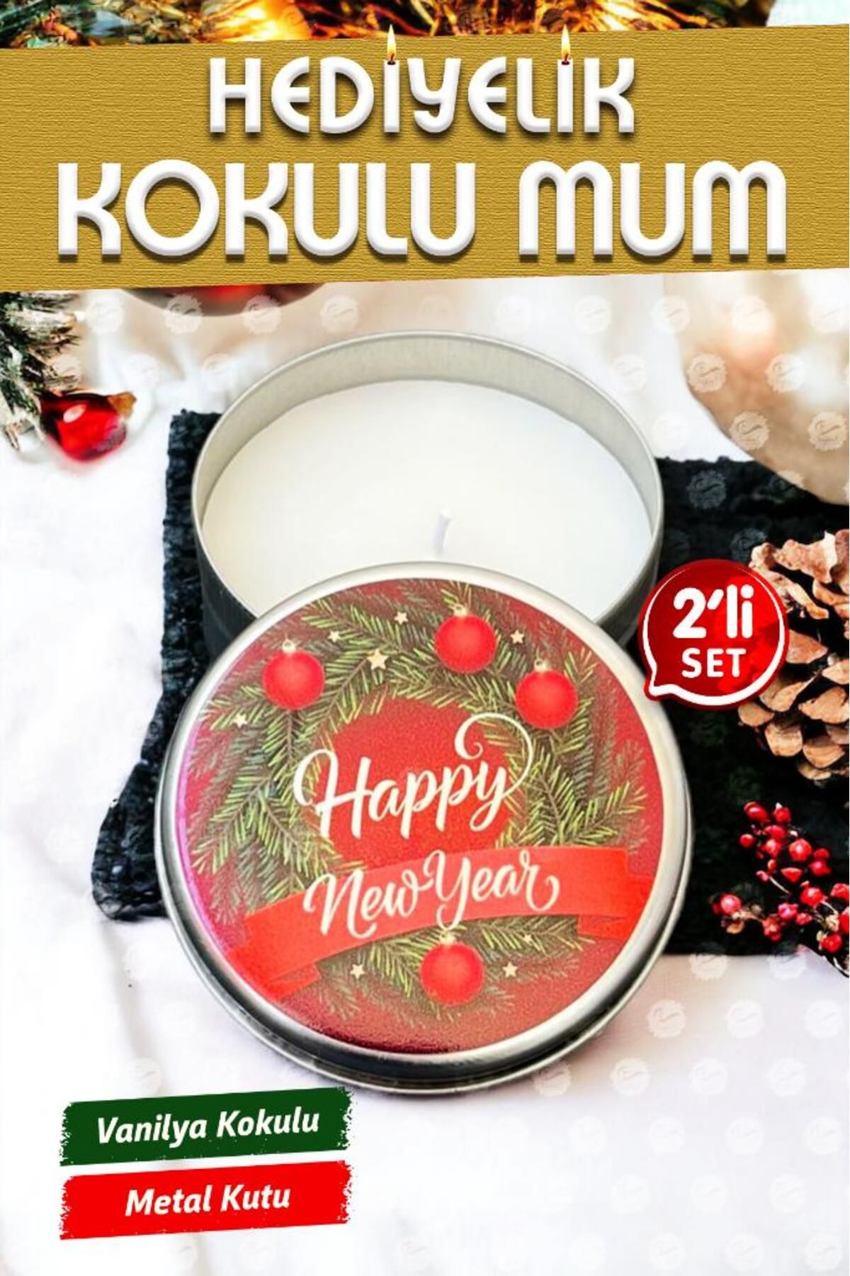 Yılbaşı Hediyelik Metal Kutu Kokulu Mum 2'li Set No:3 christmas gift candle-T1106