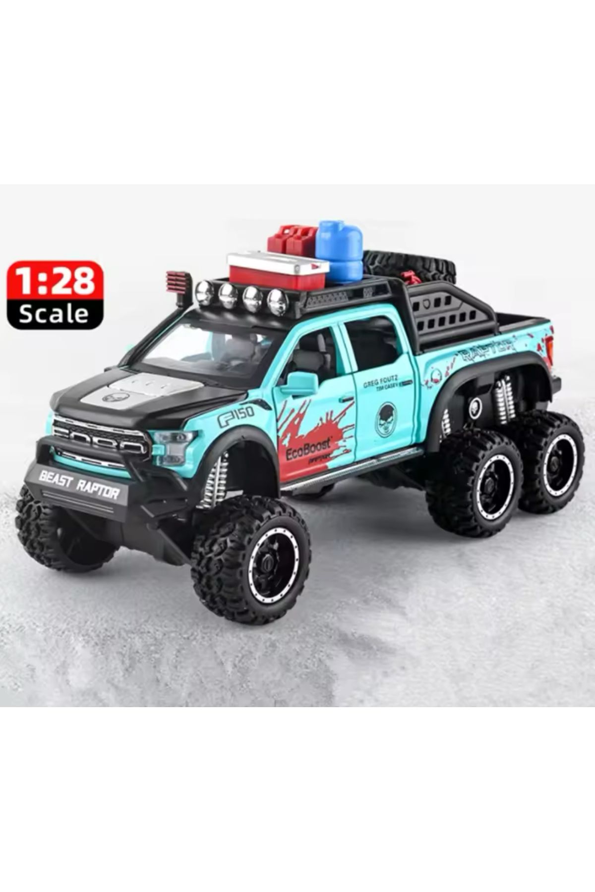 raptor ford Arazi 6x6 off road 1:28 diecast metal araba  egzoz dumanlı ışık ses tüm kap.açılır