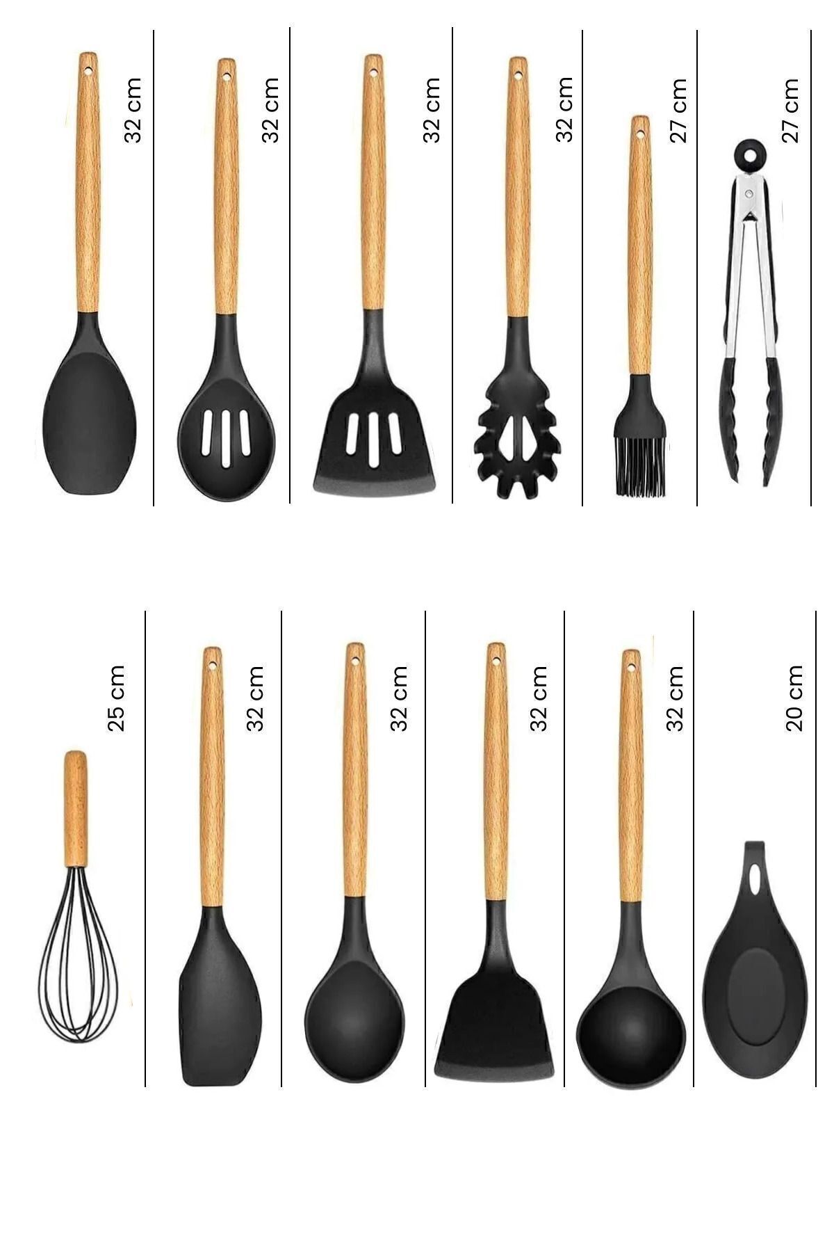 Mikla Isıya Dayanıklı Yanmaz Yapışmaz 33 Parça Silikon Spatula Mutfak Seti Siyah