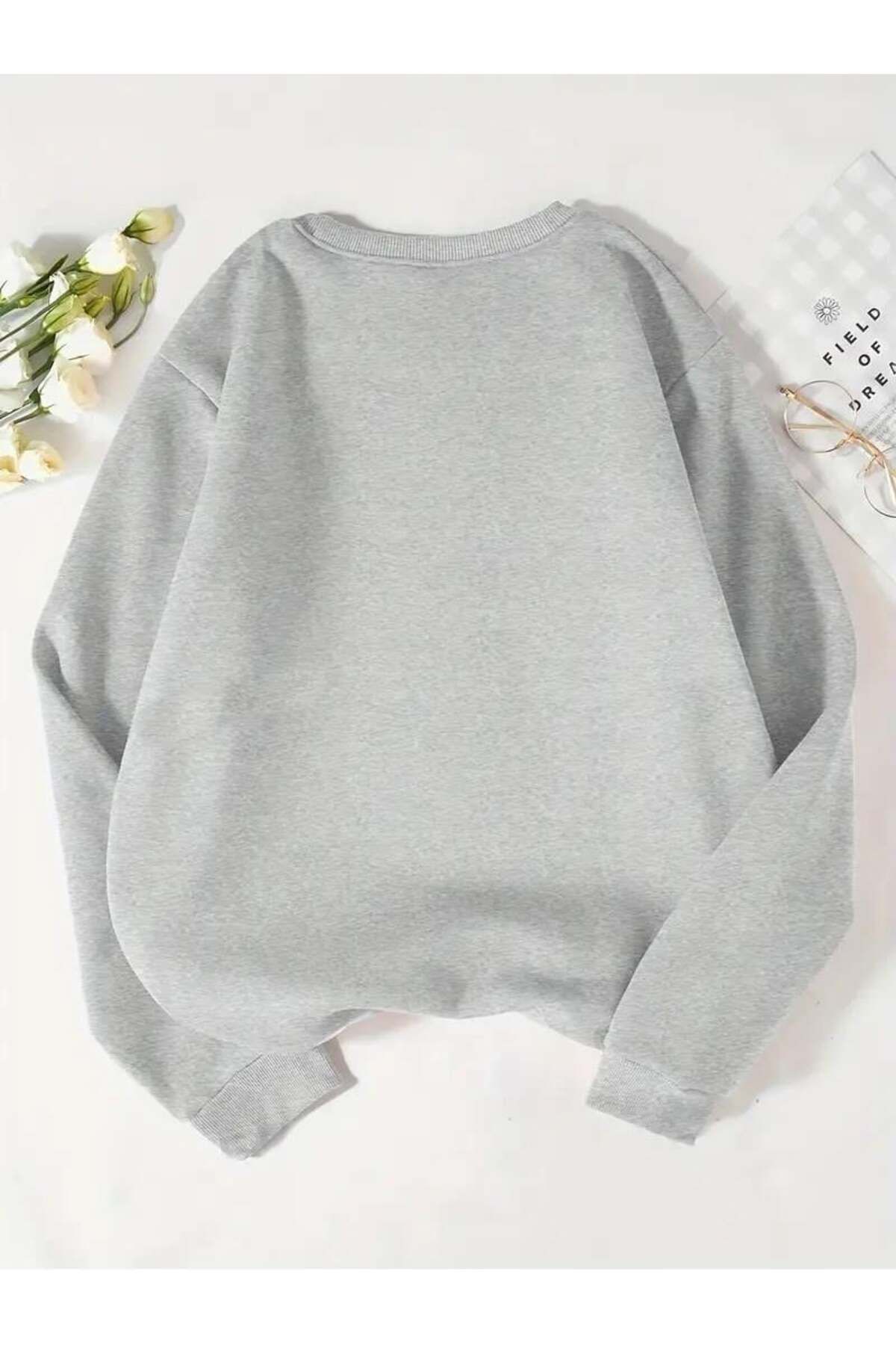 Loots  Ribbon Baskılı Gri Unisex Oversize Bisiklet Yaka Sweatshirt