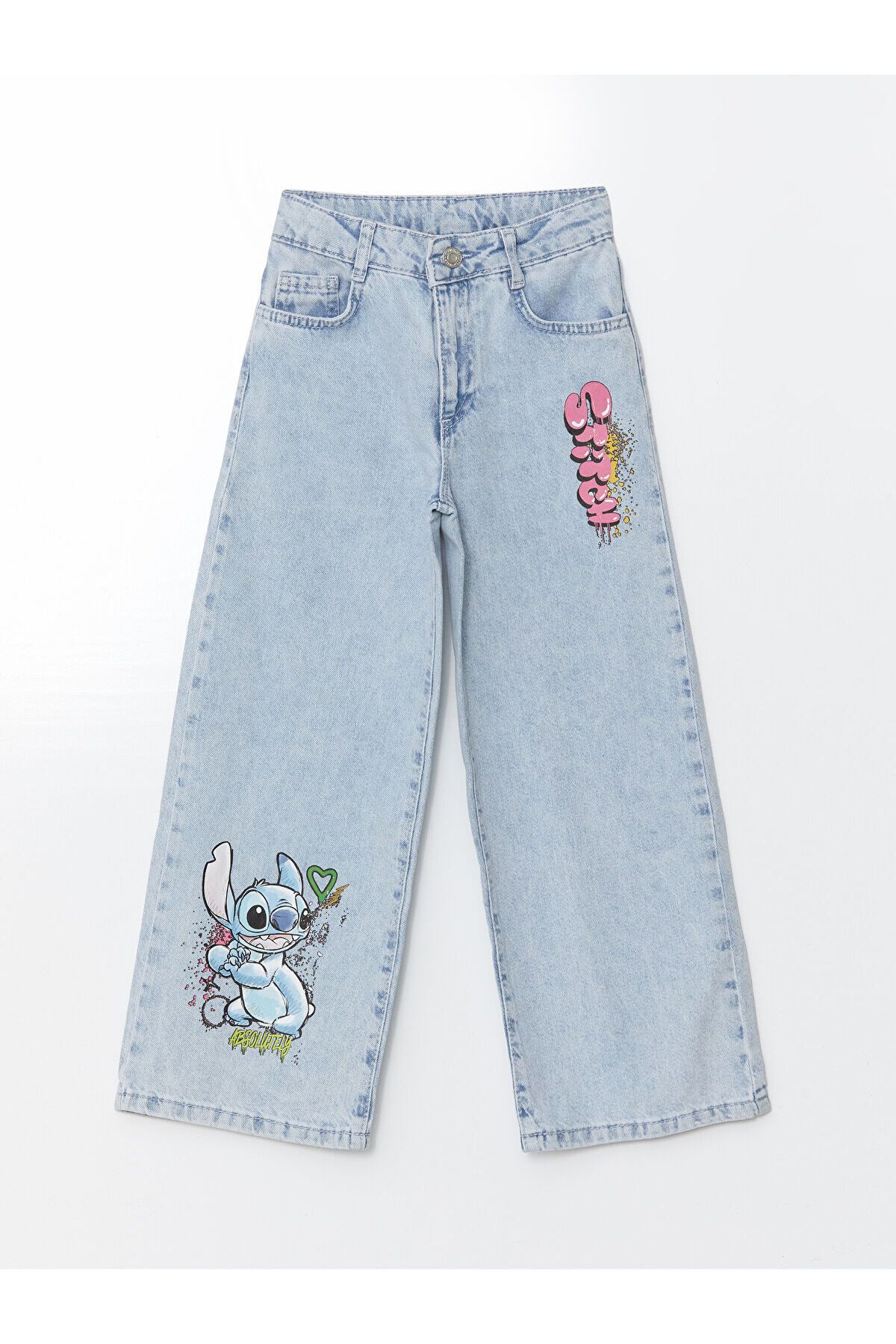 Lw - Beli Ayarlanabilir Lastikli Lilo Ve Stitch Baskılı Kız Çocuk Jean Pantolon