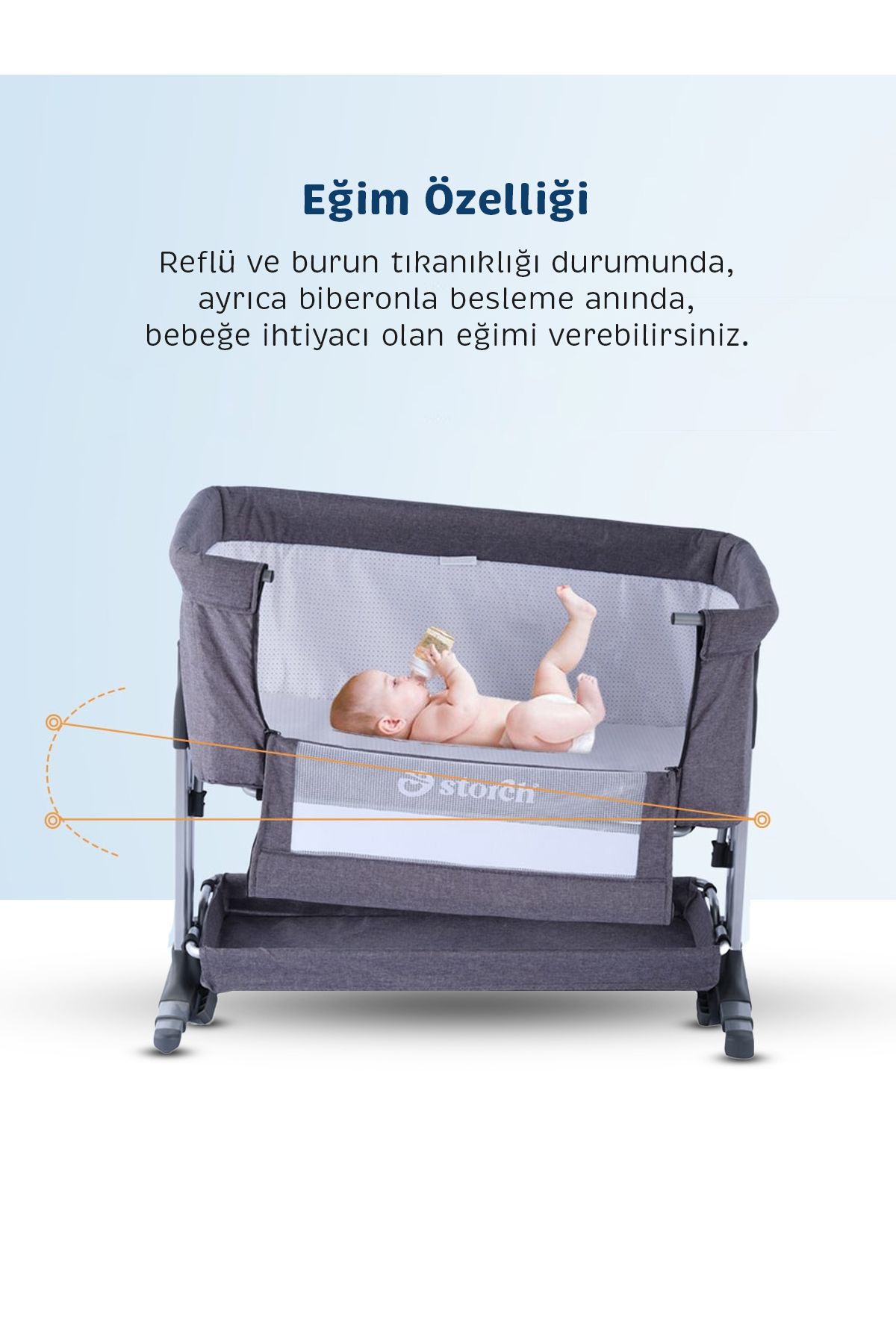 Baby Storch - Sallanabilir Anne Yanı Portatif Beşik - Yükseklik Ayarlı, Cibinlik Ve Tekerlekli - Gri