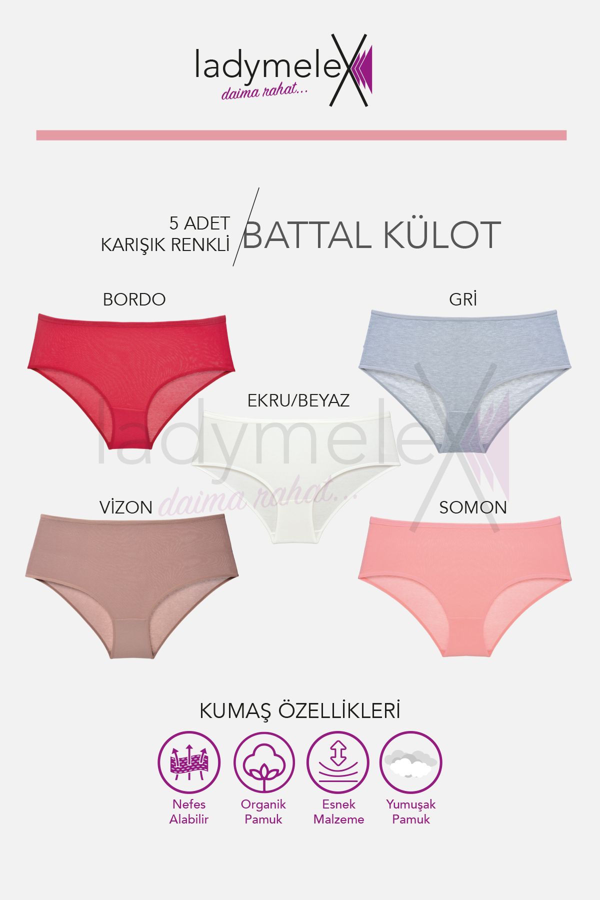 Kadın Külot, Orta Yüksek Bel Büyük Beden Külot (4XL-5XL-6XL) 5 Adet, Bordo Gri Vizon Ekru Somon