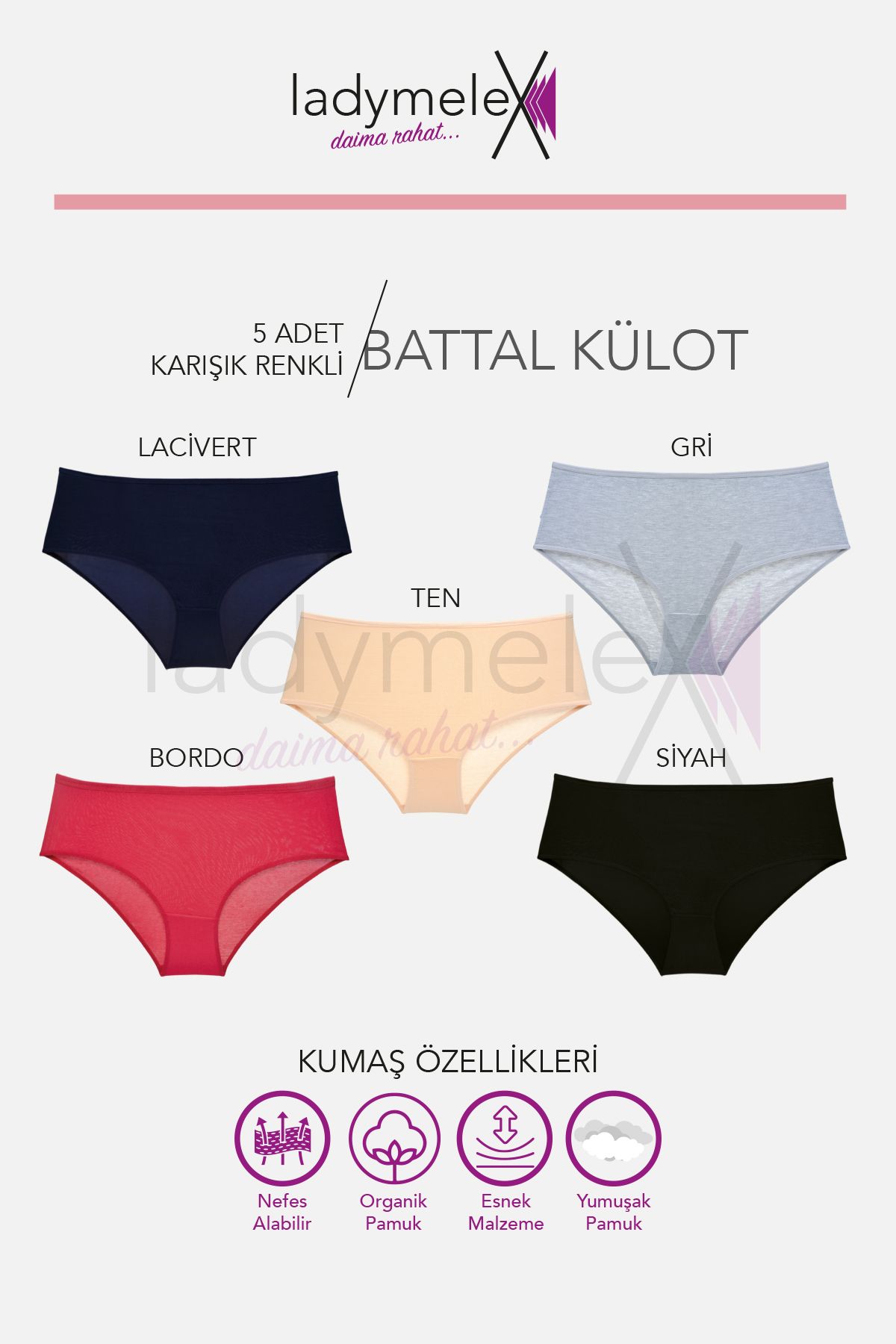 Kadın Külot, Orta Yüksek Bel Büyük Beden Külot (XL-2XL-3XL-4XL-5XL-6XL) 5 Adet, Koyu Renkler