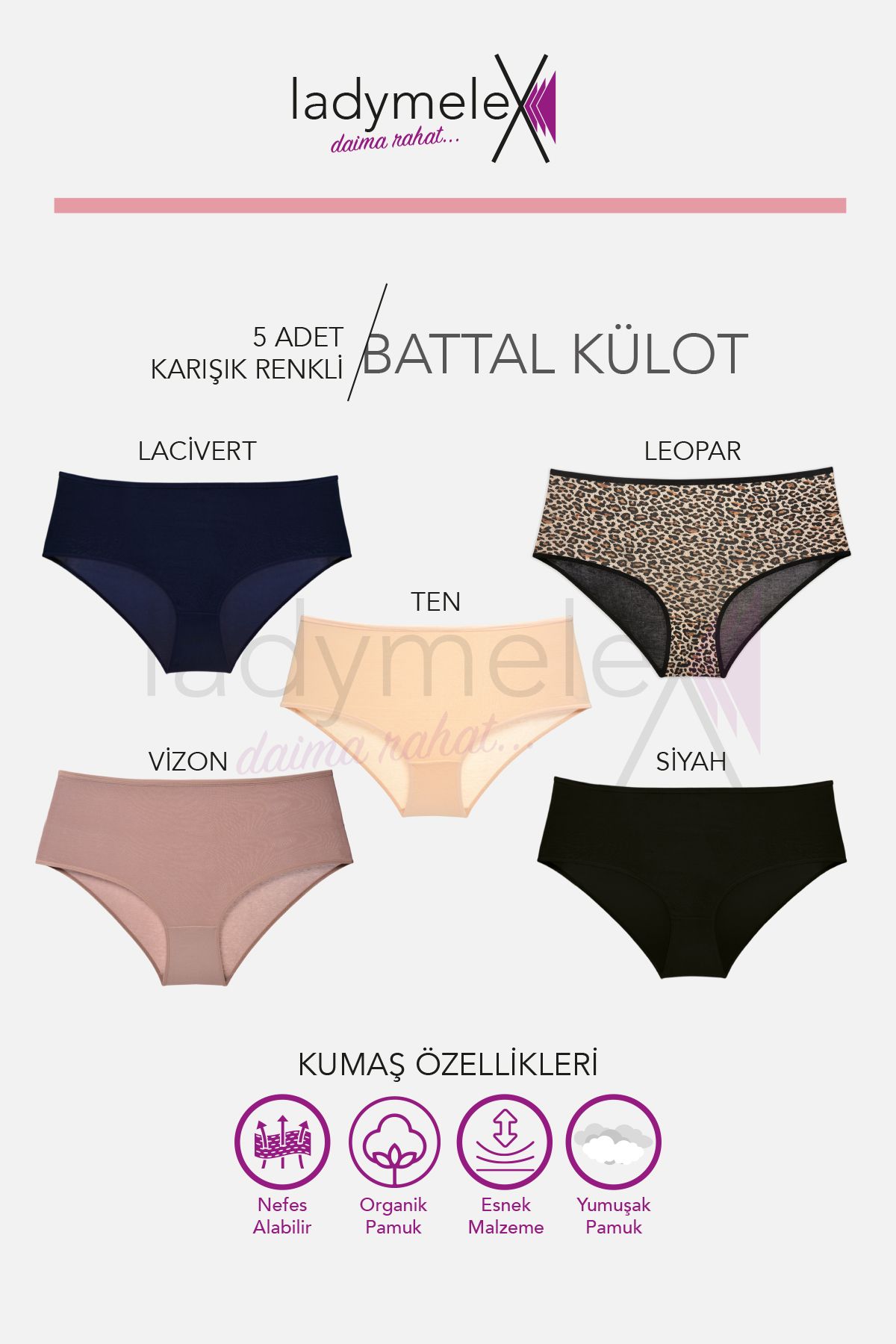 Kadın Külot, Orta Yüksek Bel Battal Külot, 5 Adet Leopar Desenli (2XL-3XL-4XL) %100 Yumuşak Kumaş