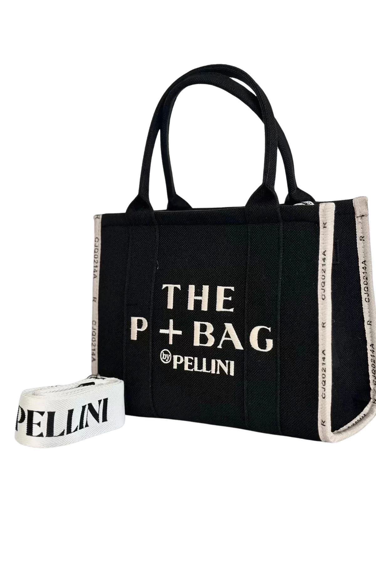 The P+Bag El ve Omuz Büyük Çanta Siyah Krem Çizgili