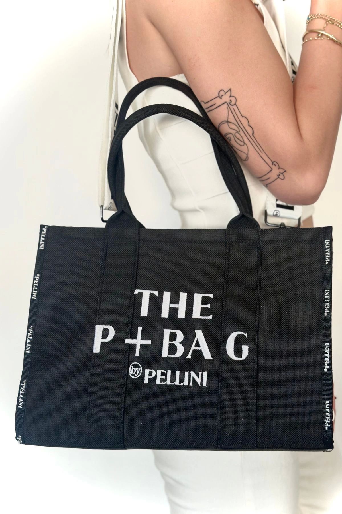 The P+Bag El ve Omuz Büyük Çanta Siyah Çizgili