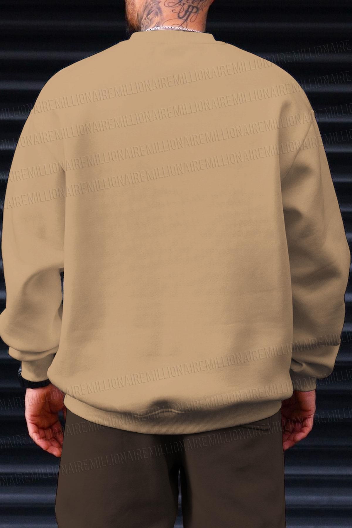 Erkek Camel Dreamer Baskılı 0 Sıfır Yaka Oversize Salaş Bol Kesim Polar Sweatshirt