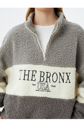 Peluş Sweatshirt Oversize Yarım Fermuarlı Kolej Nakışlı Renk Bloklu Image 4