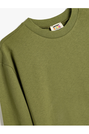 Pamuklu Uzun Kollu Bisiklet Yaka Oversize Basic Tişört Image 2
