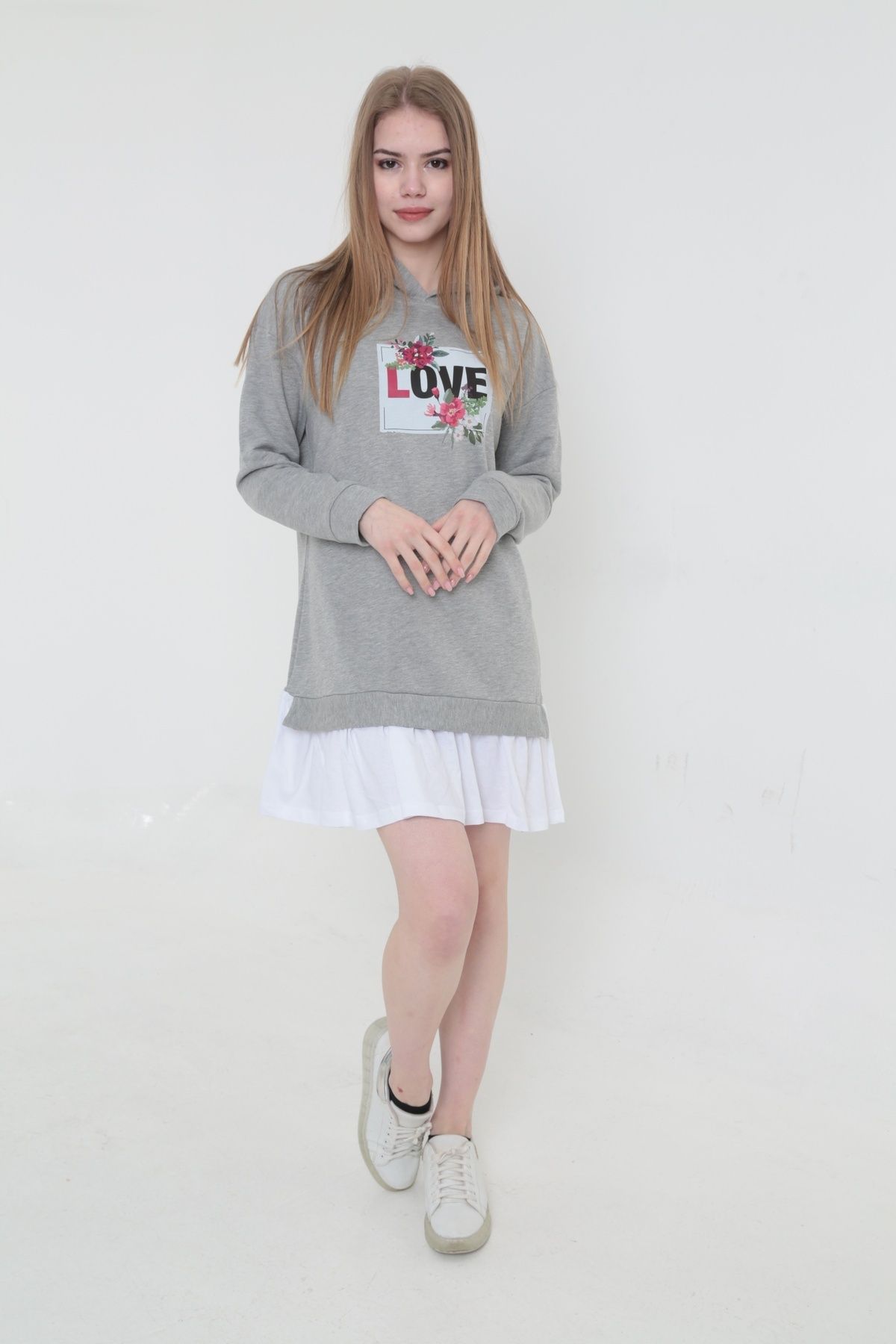 LOVE FLOWER Etek Ucu Pileli Kapüşonlu t-shirt -6