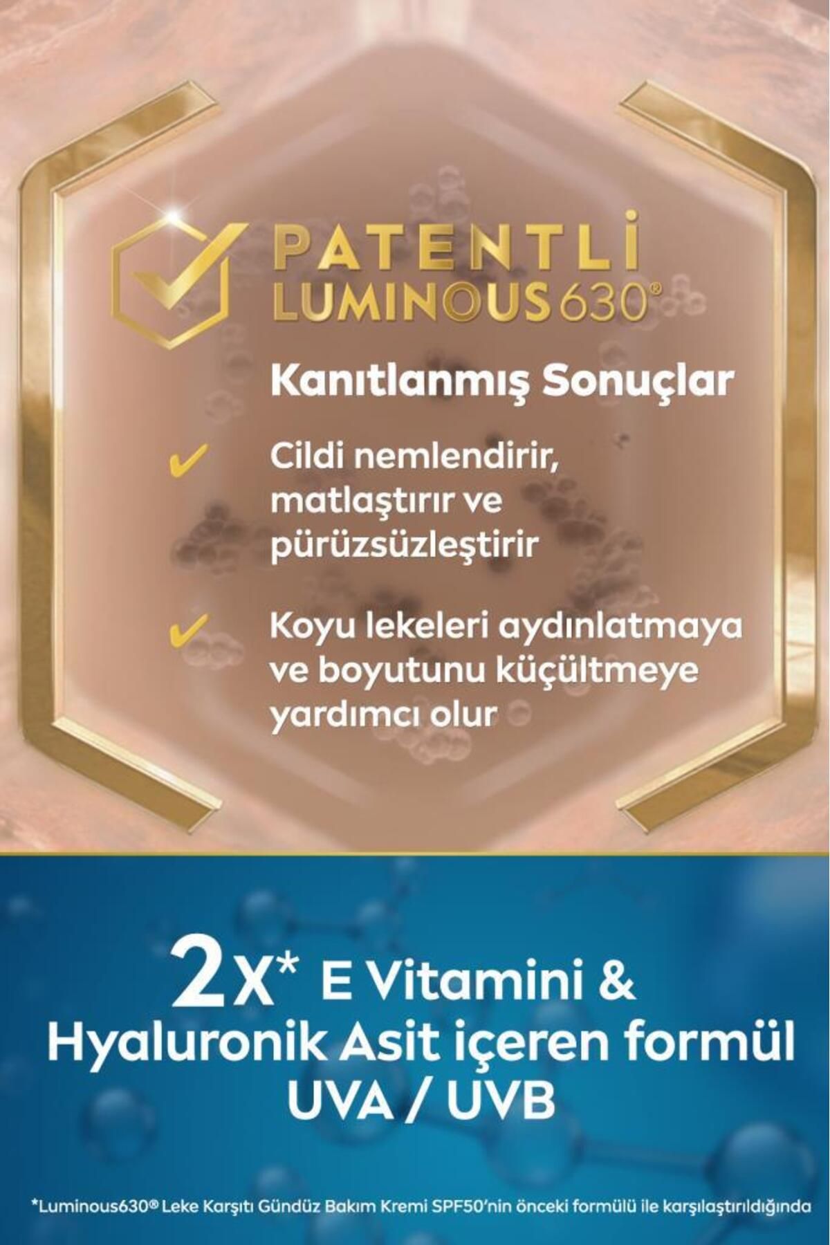 Luminous630 Güneş Korumalı Leke Karşıtı Gündüz Yüz Kremi 40ml, SPF50, Hyaluronik Asit, E Vitamini