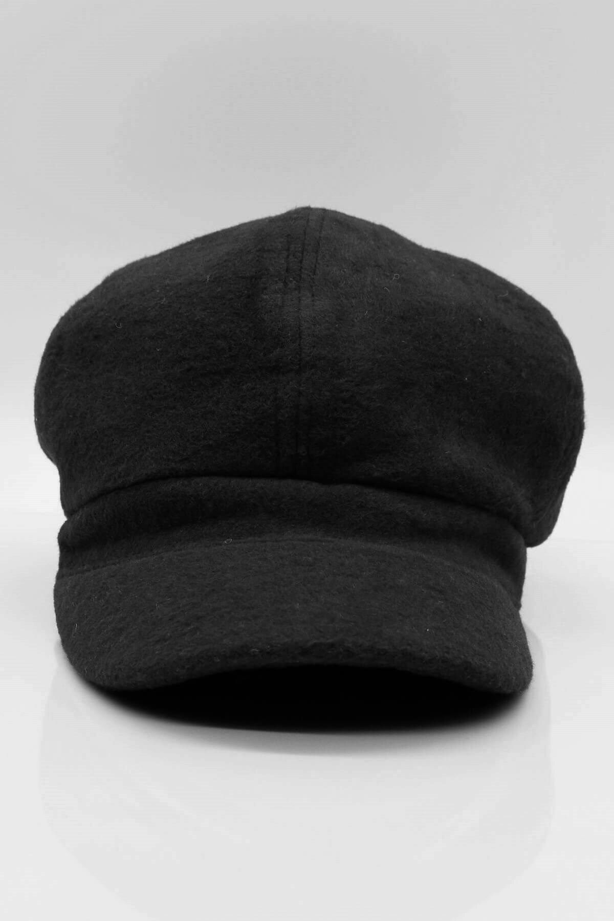 Siyah Bayan Şapka Kadın Kasket Yün Flat Cap