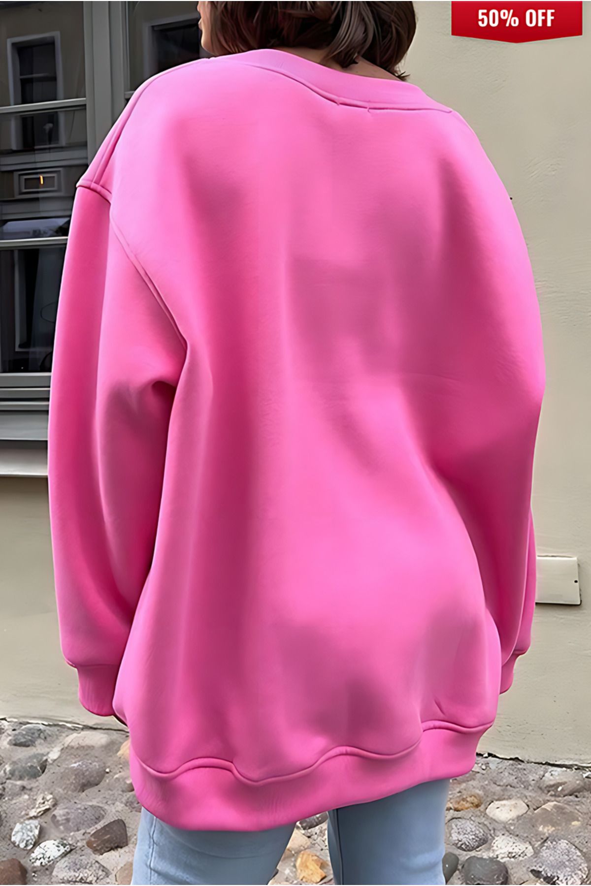 Pembe Oversize Sweatshirt Bisiklet Yaka