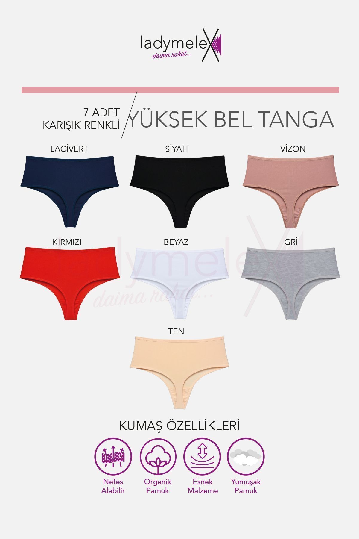 Kadın Tanga, 7'li Paket, Yüksek Bel Tanga (S-M-L-XL) Bordo Lacivert Vizon Siyah Beyaz Ten Gri