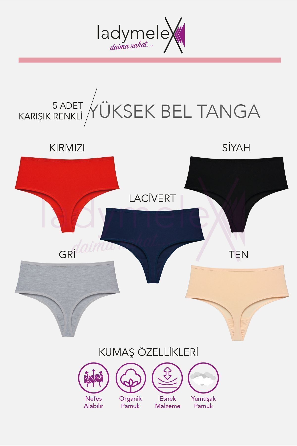 Kadın Tanga, Yüksek Bel Tanga, Pamuklu Tanga, (M-L-XL) 5 Adet, Karışık Renkli Yüksek Bel Tanga