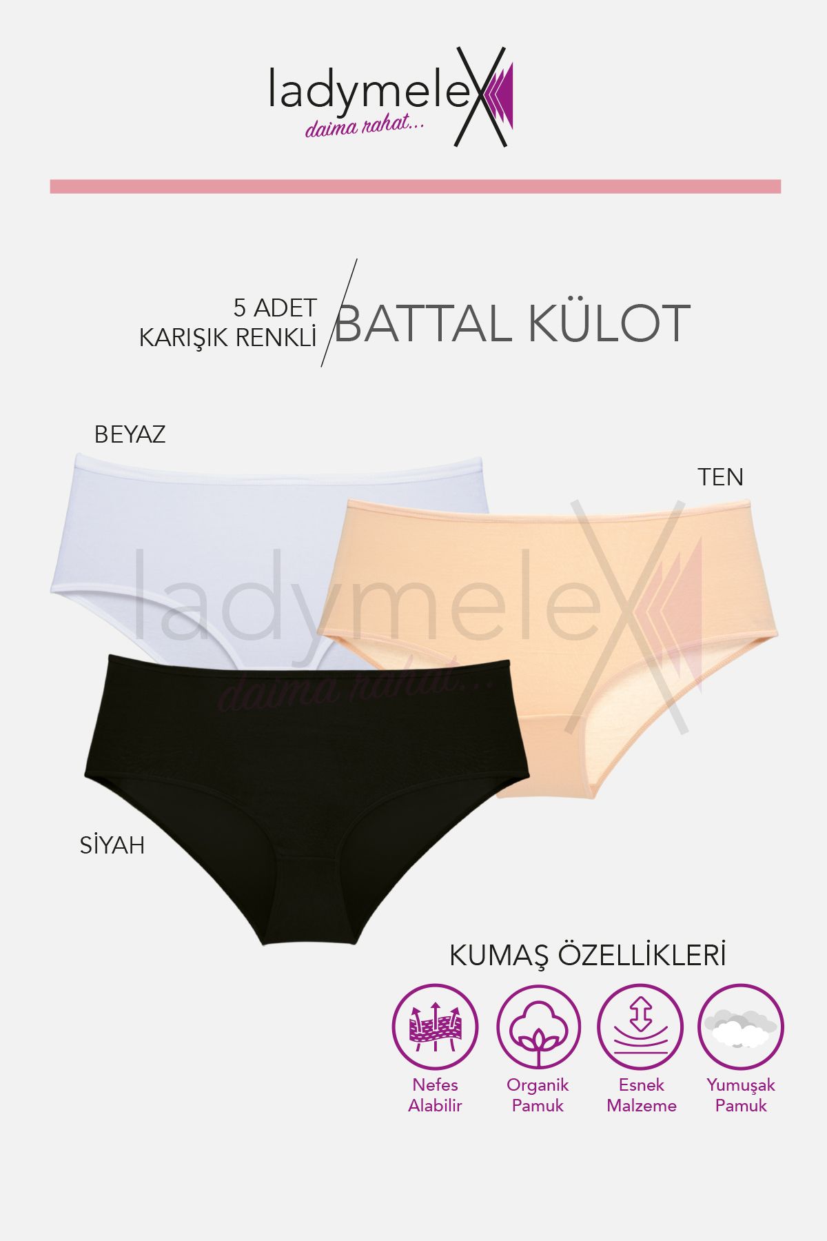 Kadın Külot, Orta Yüksek Bel Battal Külot (XL-2XL-3XL) 5 Adet, Siyah-beyaz-ten Rengi