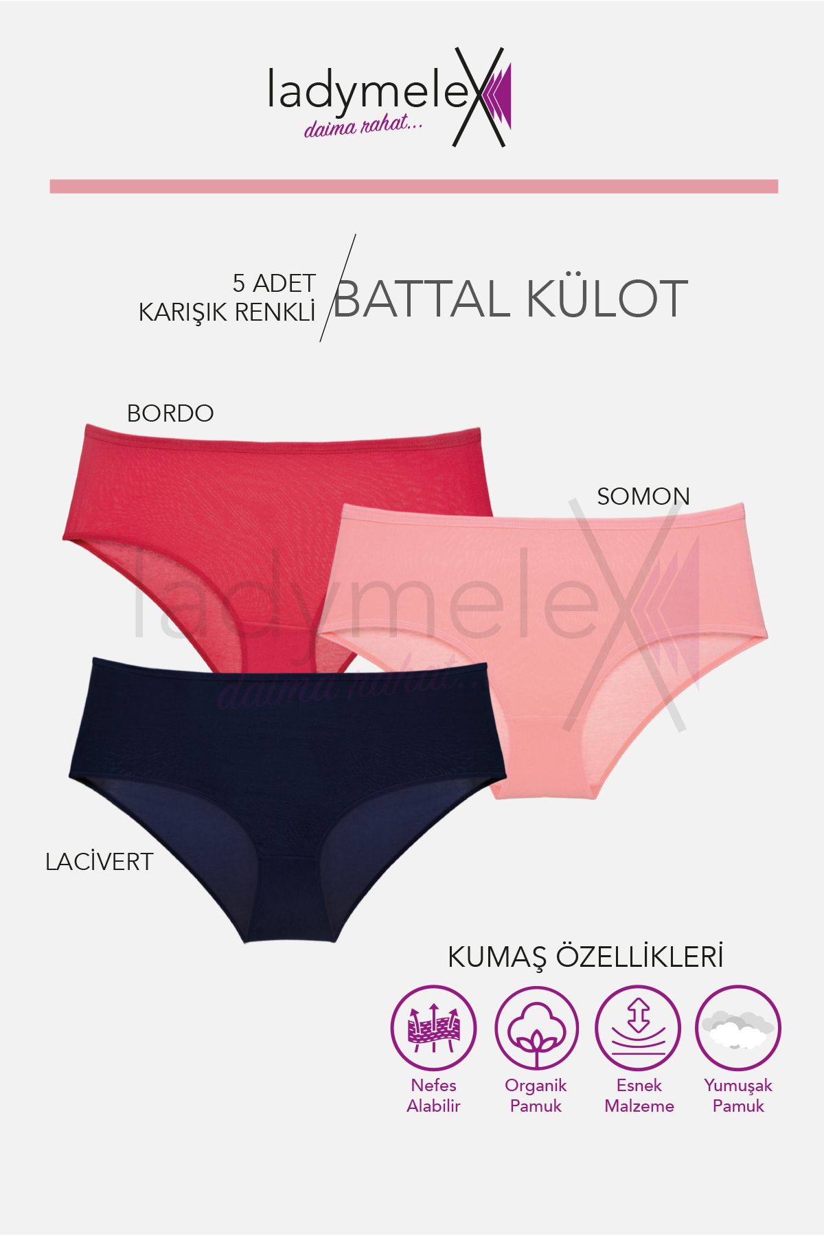 Kadın Külot, Orta Yüksek Bel Büyük Beden Külot (4XL-5XL-6XL) 5 Adet, Somon Lacivert Bordo