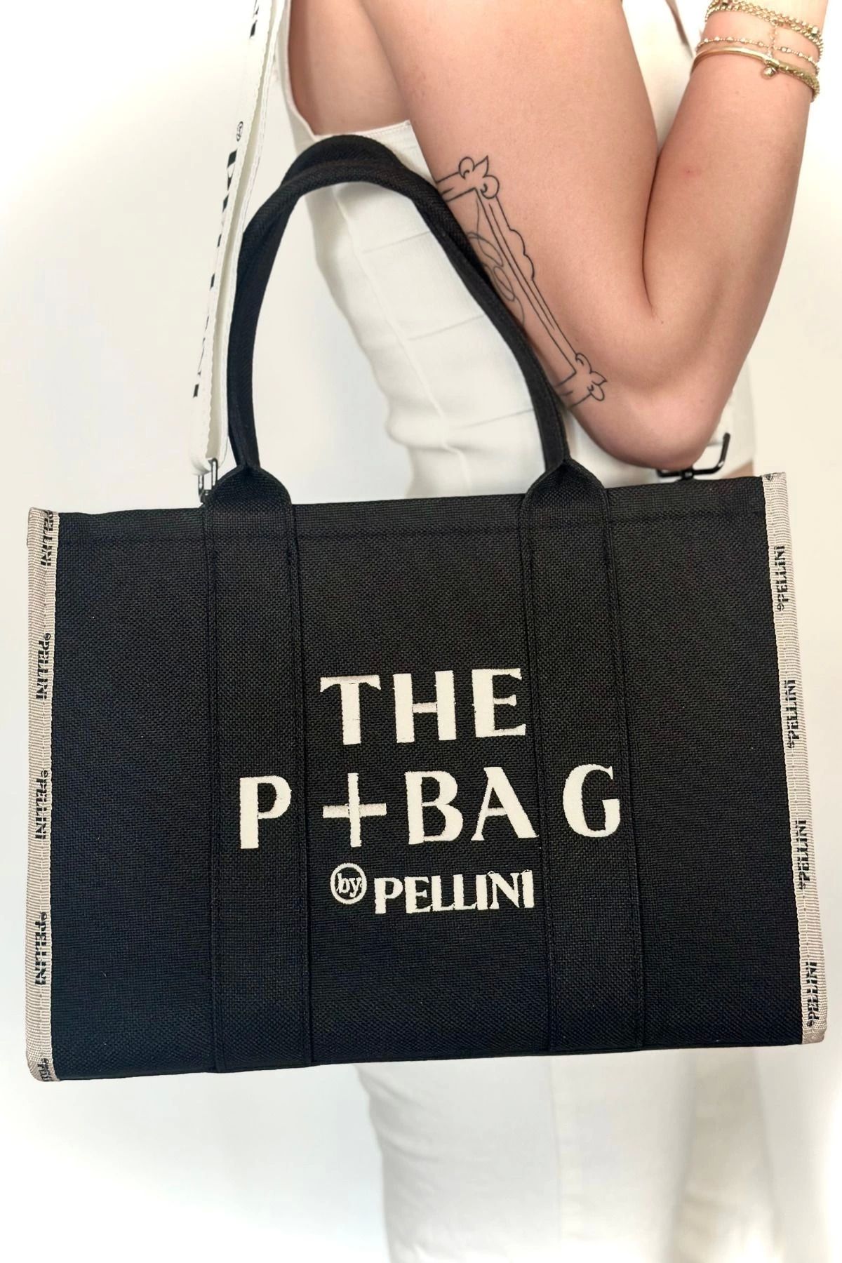 The P+Bag El ve Omuz Büyük Çanta Siyah Krem Çizgili