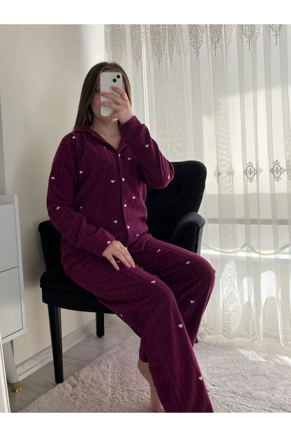 Mürdüm Dreams Kalp Desenli Düğmeli Polar Pijama Takımı