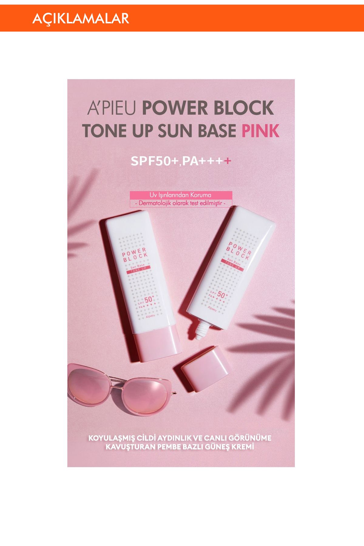 Ton Eşitleyici Aydınlatıcı Güneş Kremi 50ml APIEU Power Block Tone Up Base Pink SPF50+/PA++++